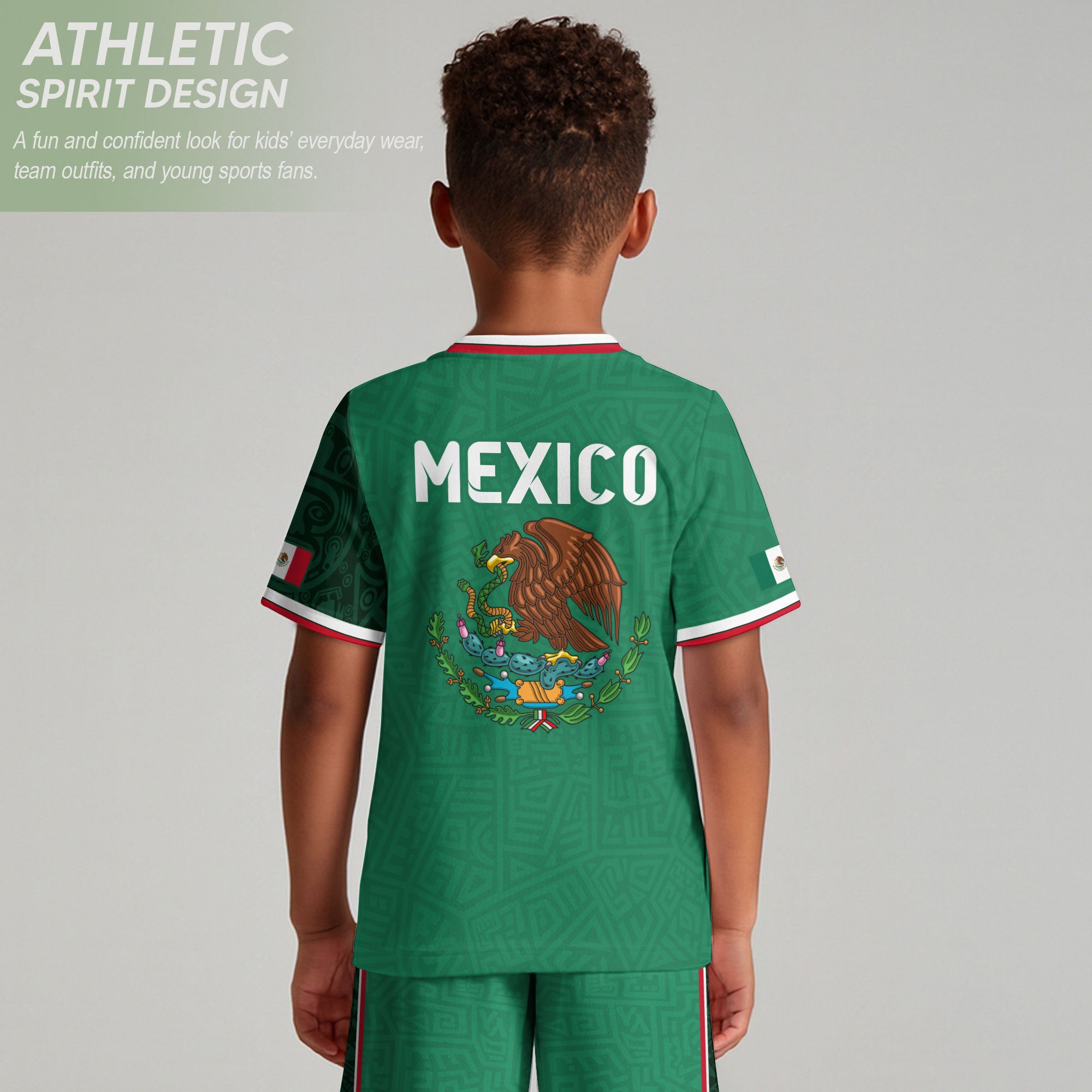 Camiseta de fútbol infantil de México con diseño de escudo con patrón azteca verde