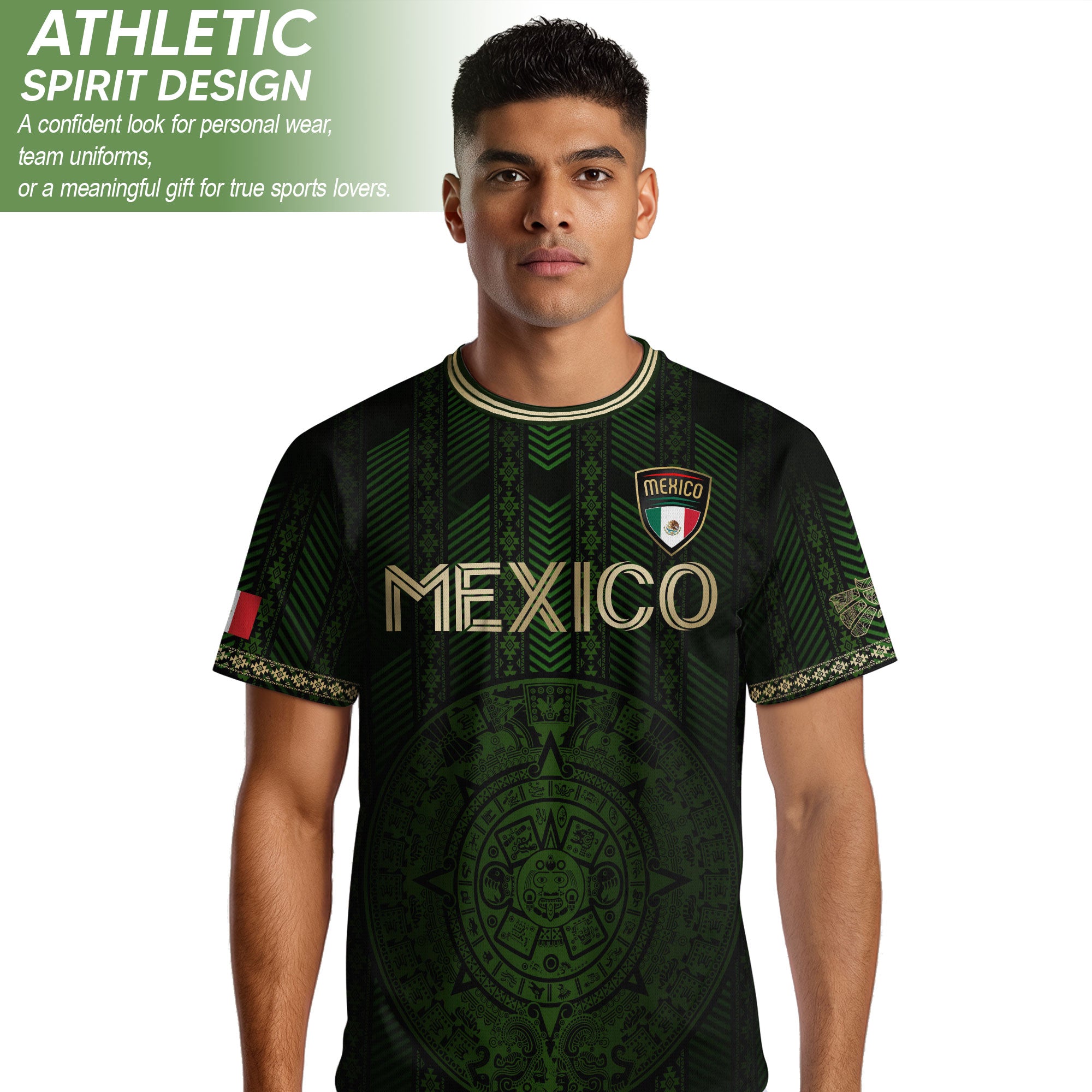 Mexico Green Soccer Jersey with Golden Aztec Calendar and Eagle Crest