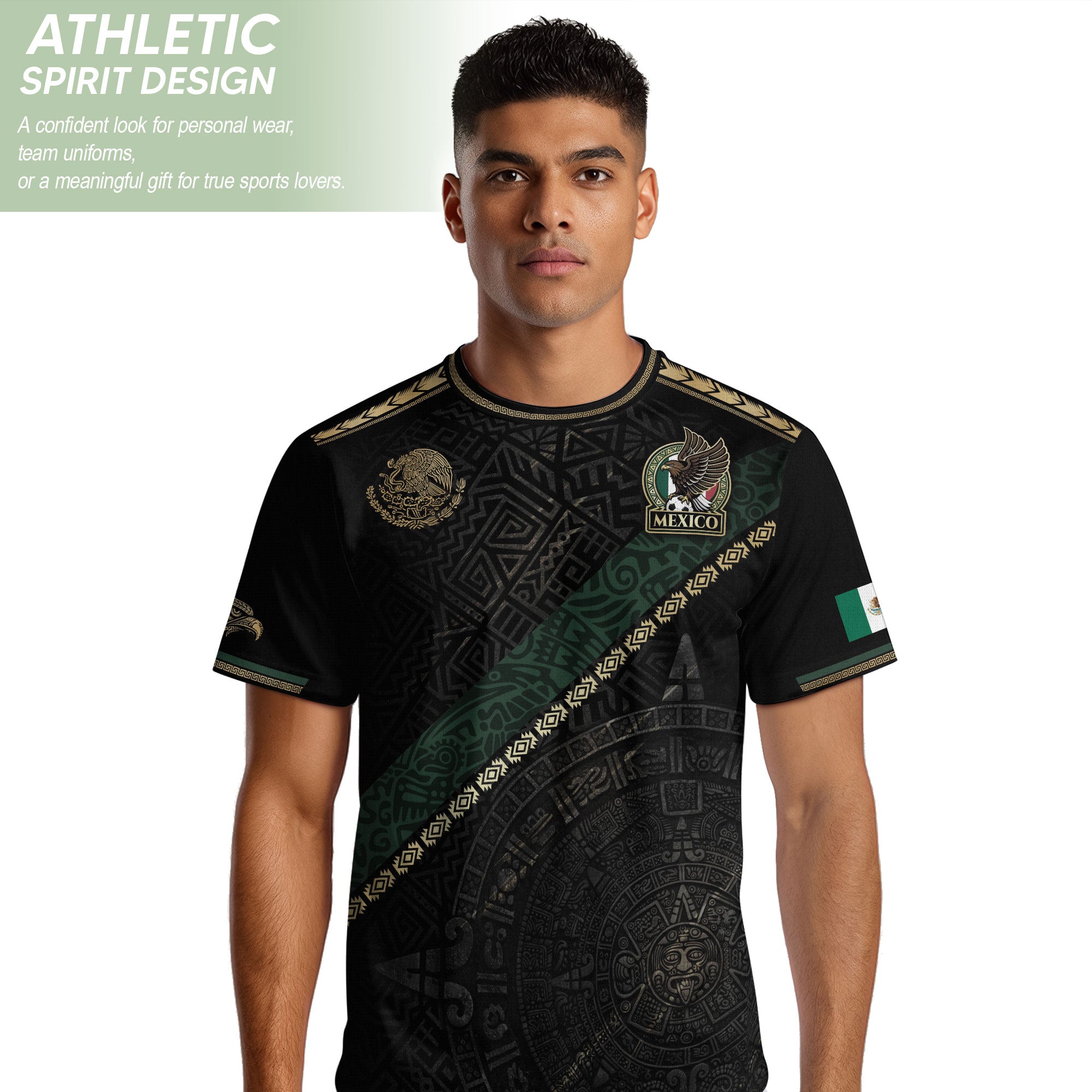 Mexico Heritage Orgullo Mexicano Black Gold Sash Aztec Calendar Gold Shoulder Soccer Jersey