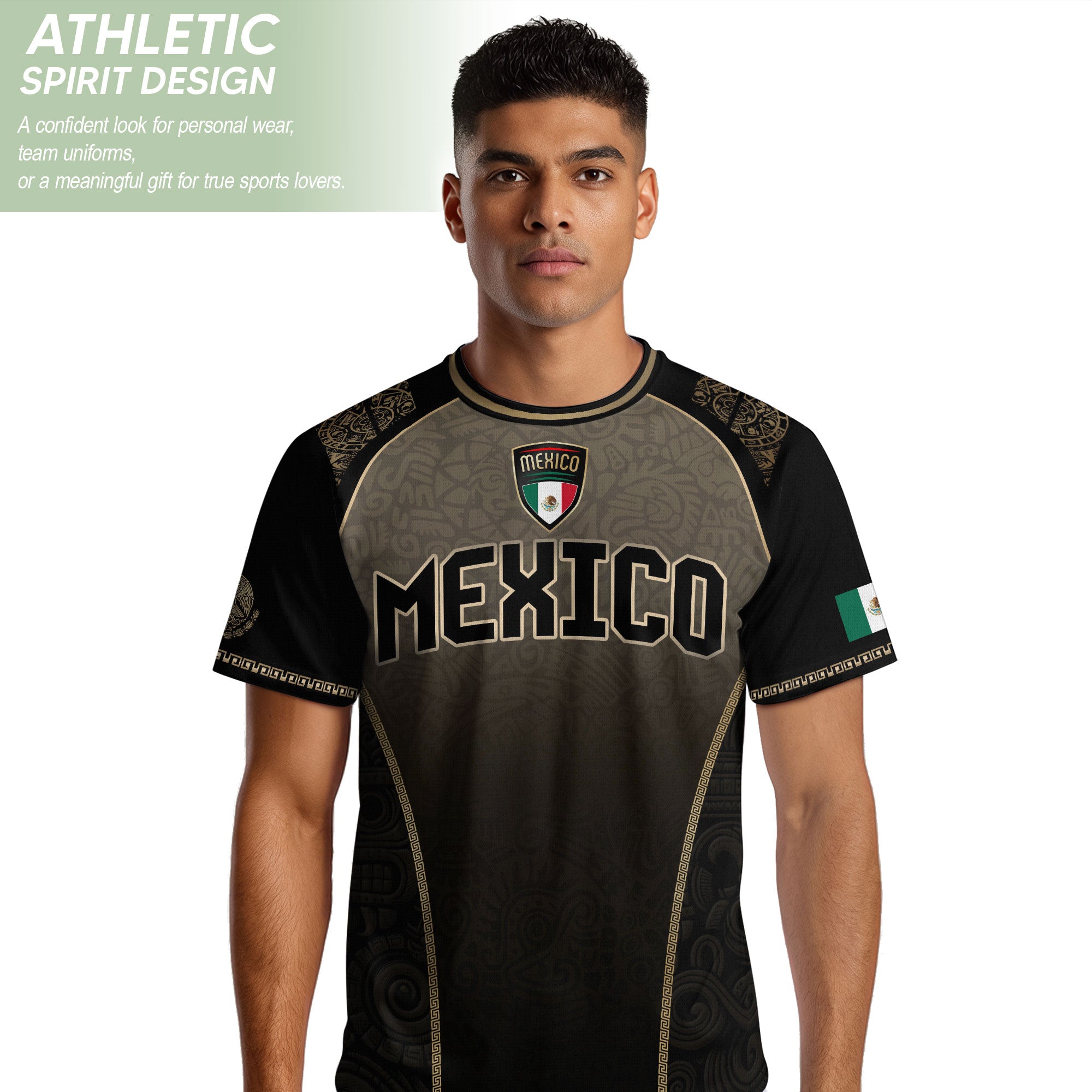 Mexico Heritage Black Tan Arch Design Aztec Empire Pride Graphic Soccer Jersey