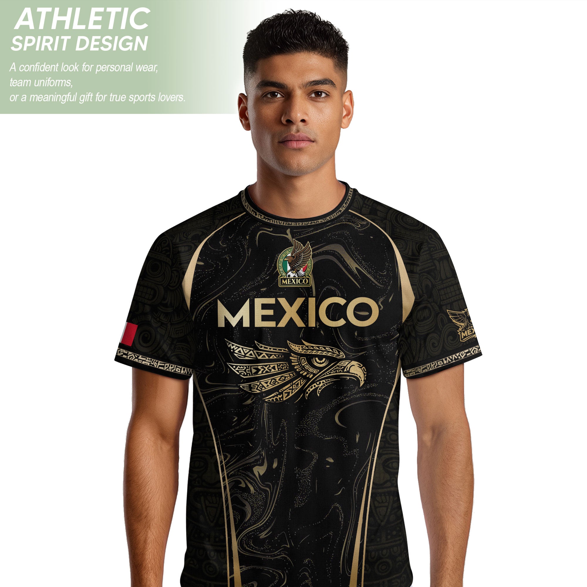 Mexico Coat of Arms Black Gold Aztec Eagle Warrior Heritage Soccer Jersey