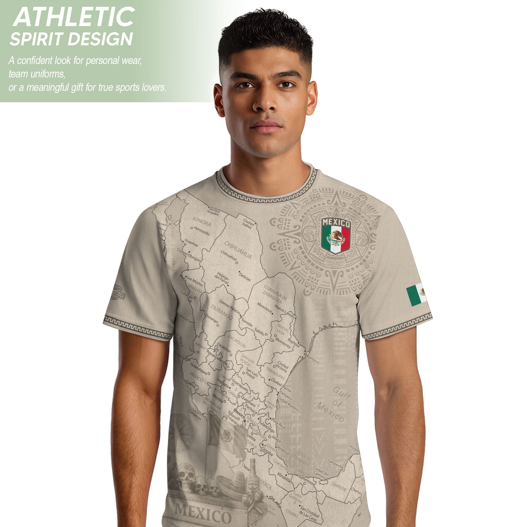Mexico Heritage Beige Country Map Aztec Calendar Pride Graphic Soccer Jersey
