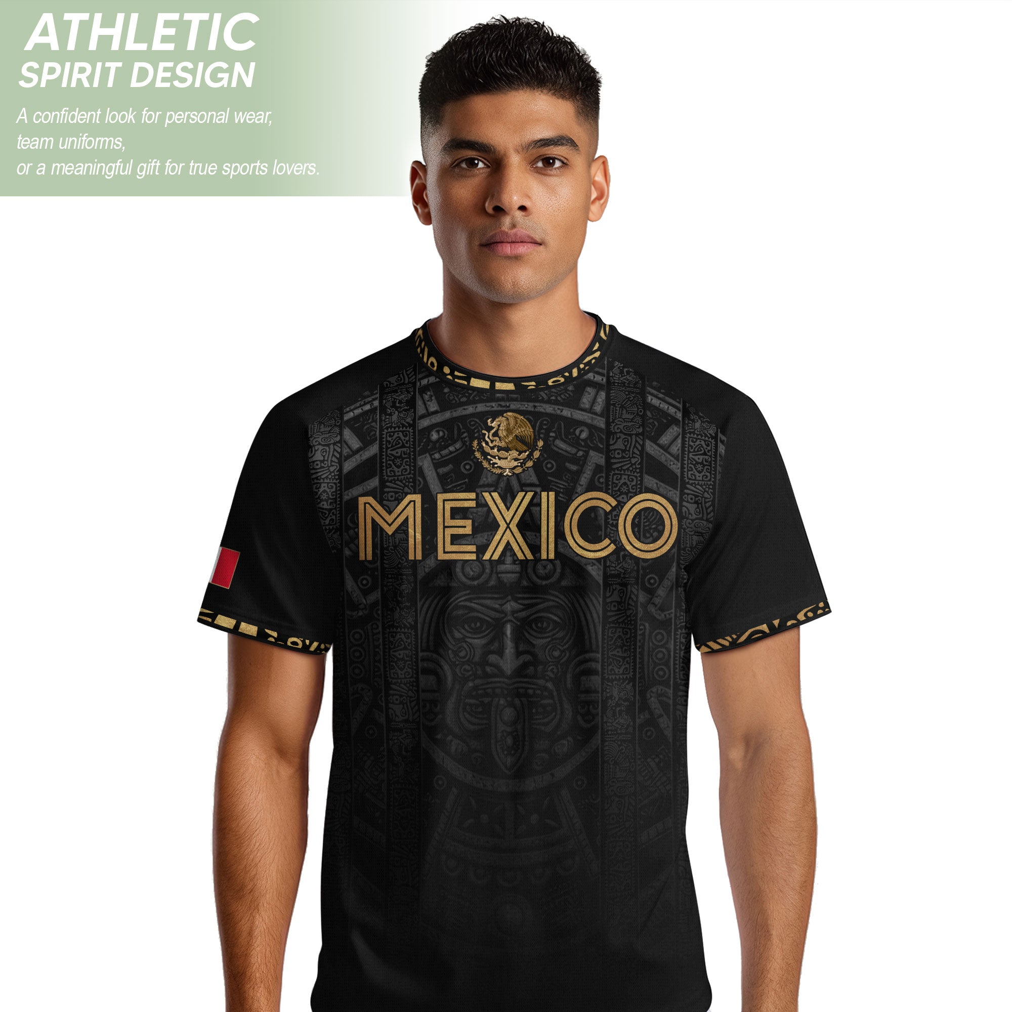 Mexico Heritage Orgullo Mexicano Black Gold Aztec Sun Stone Calendar Soccer Jersey