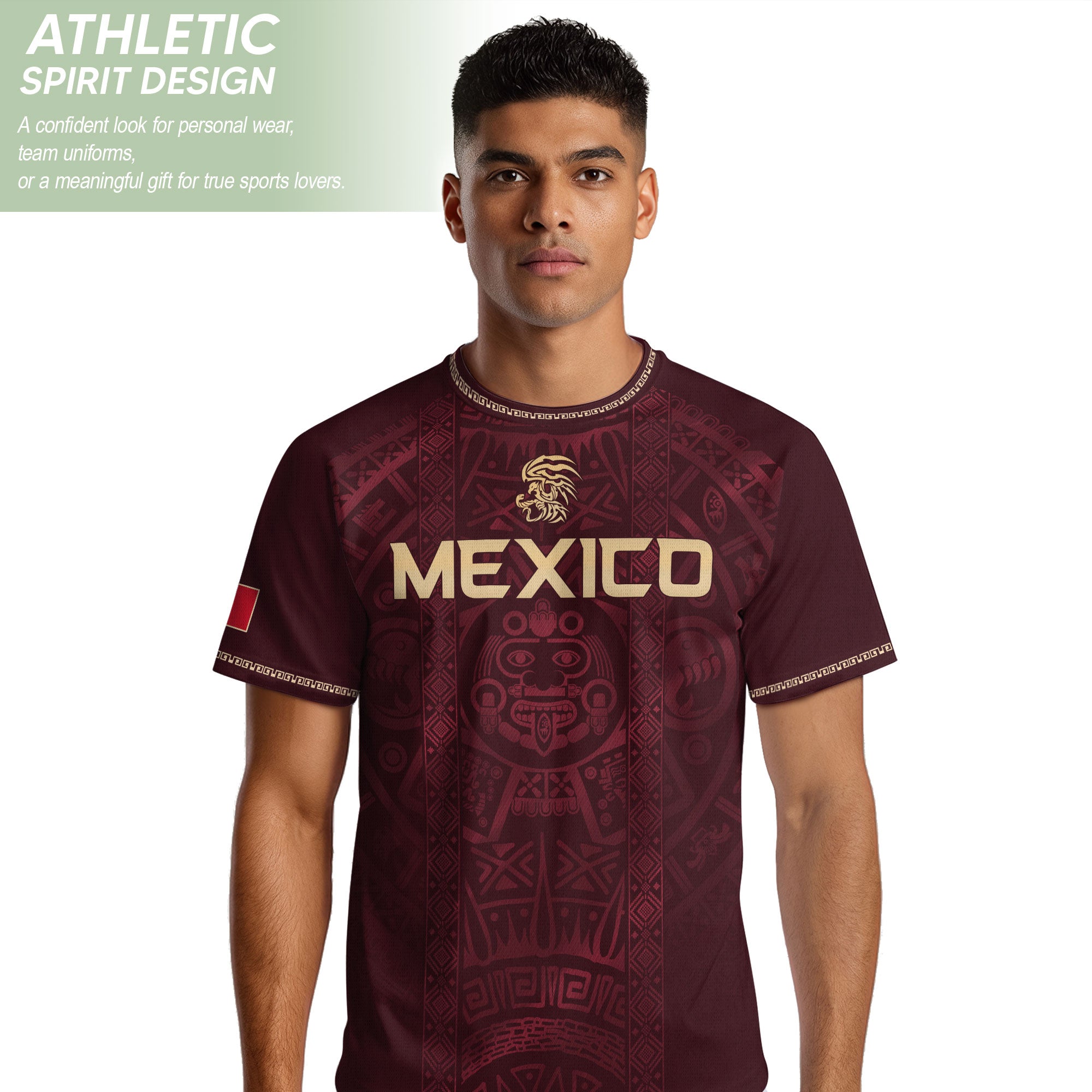 Mexico Heritage Orgullo Mexicano Maroon Burgundy Aztec Calendar Sun Stone Soccer Jersey