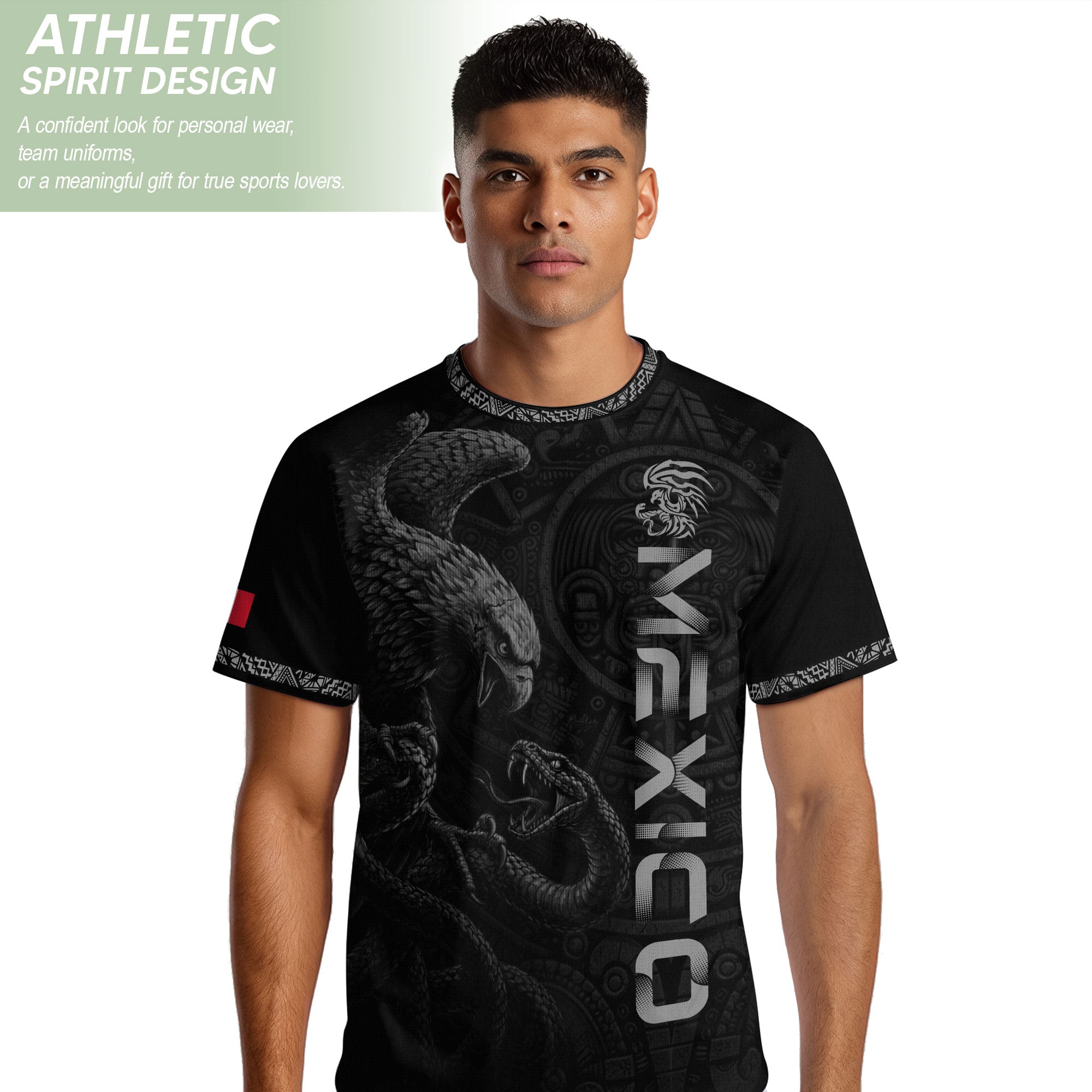 Camiseta de fútbol premium con emblema de águila azteca verde y dorado de México
