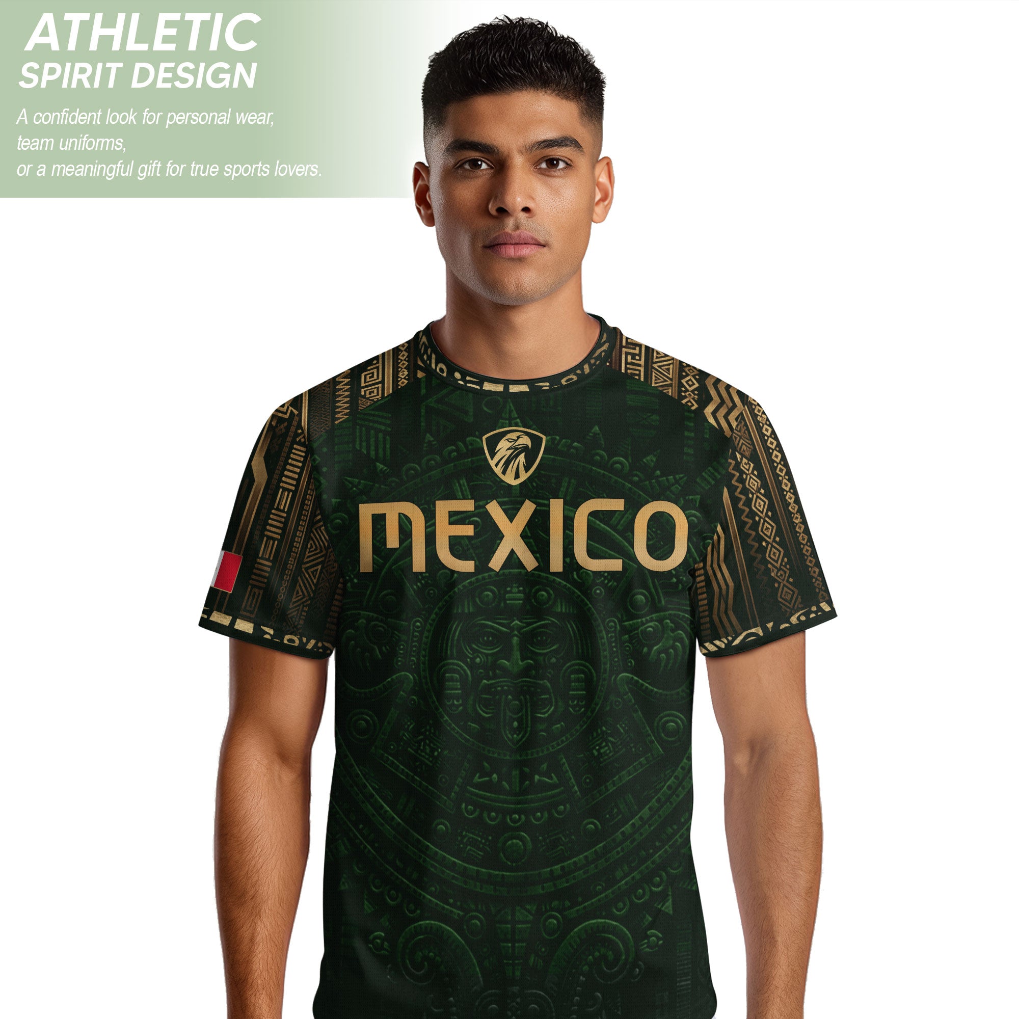 Camiseta de fútbol premium con emblema de águila azteca verde y dorado de México