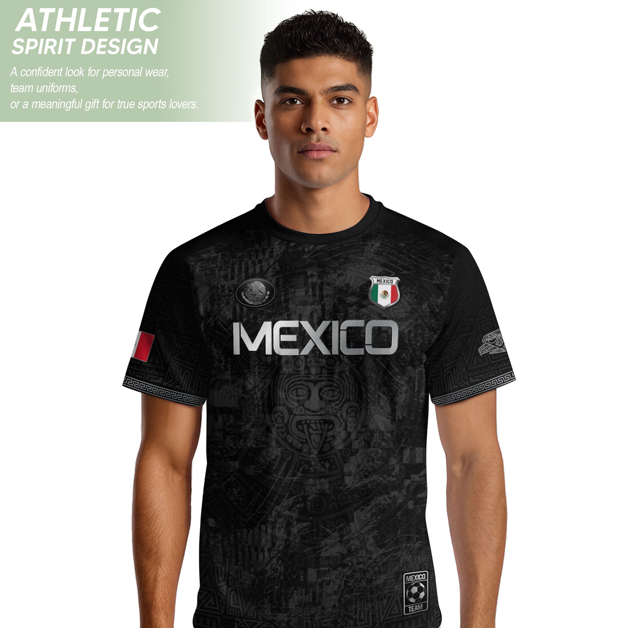 Mexico Heritage Black Silver Distressed Style Aztec Empire Pride Graphic Soccer Jersey