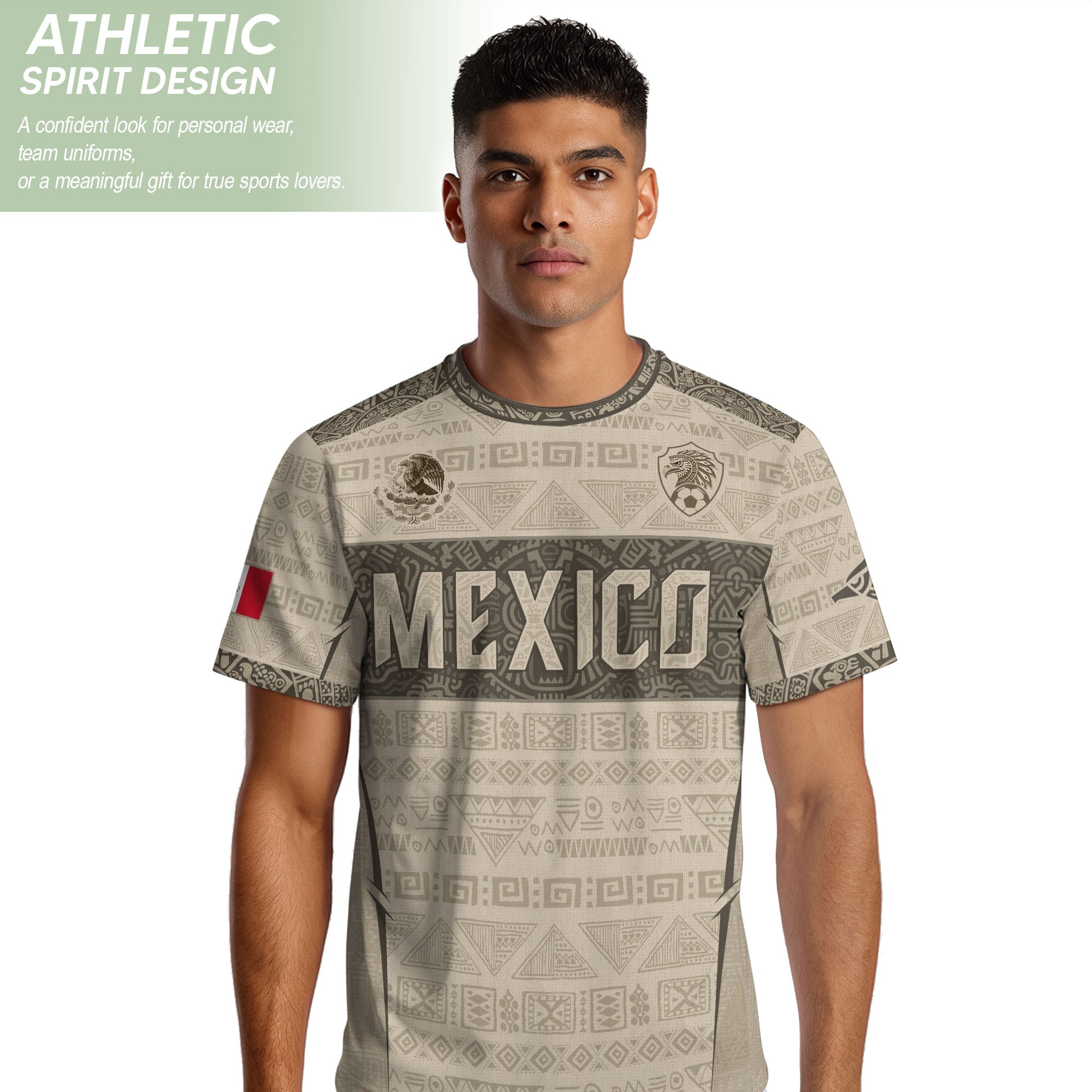 Mexico Coat of Arms Beige Aztec Mayan Tribal Geometric Pattern Heritage Soccer Jersey