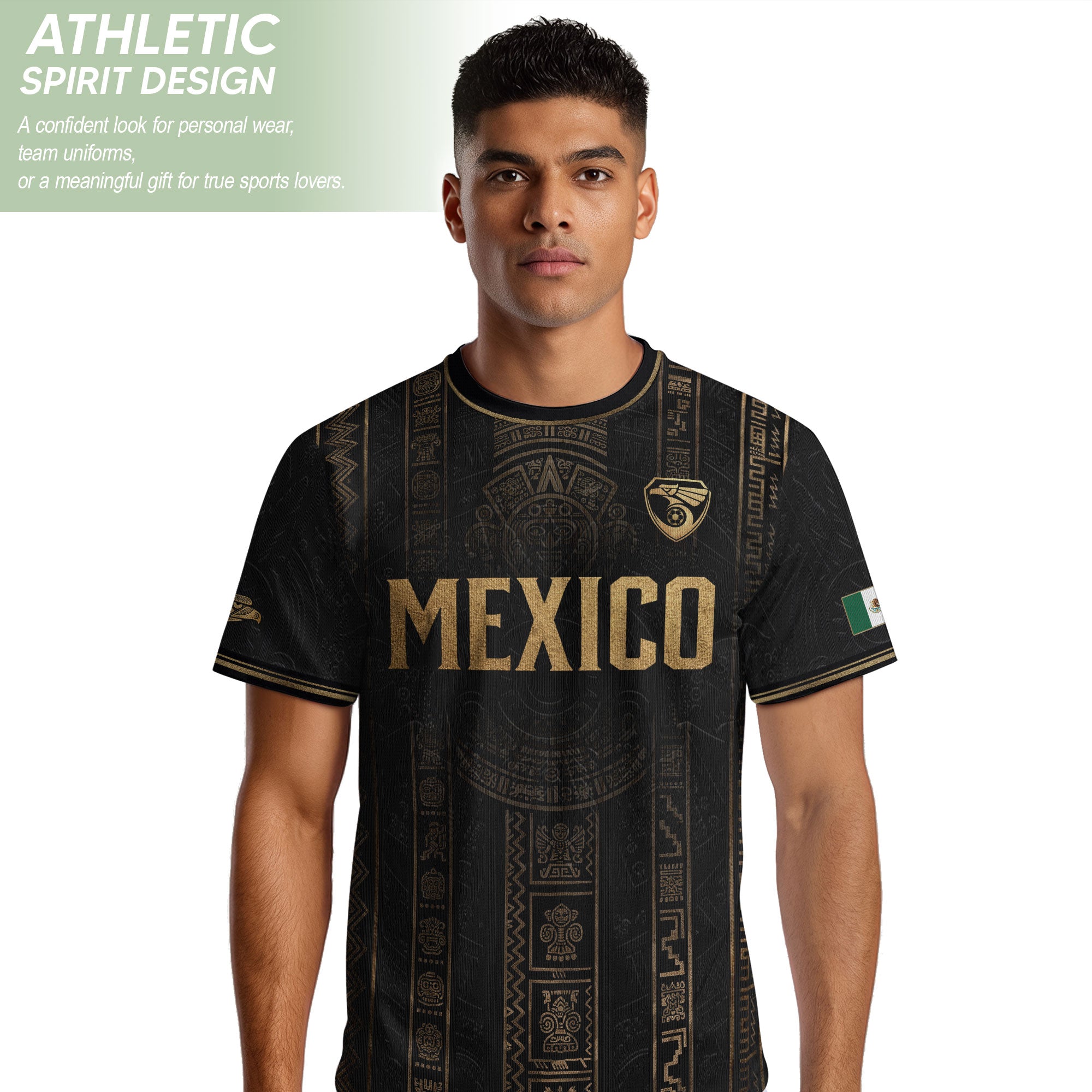 Camiseta de fútbol premium con emblema de águila azteca verde y dorado de México