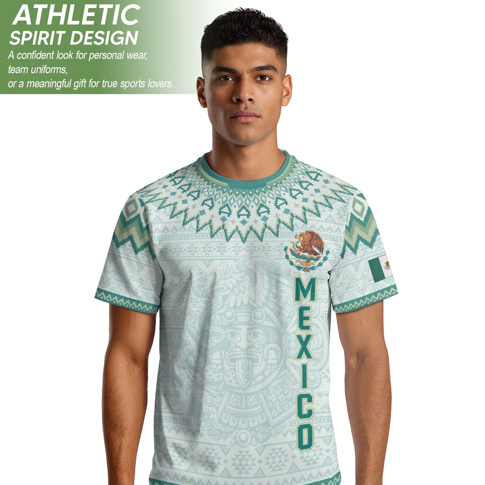 Camiseta de fútbol premium con emblema de águila azteca verde y dorado de México