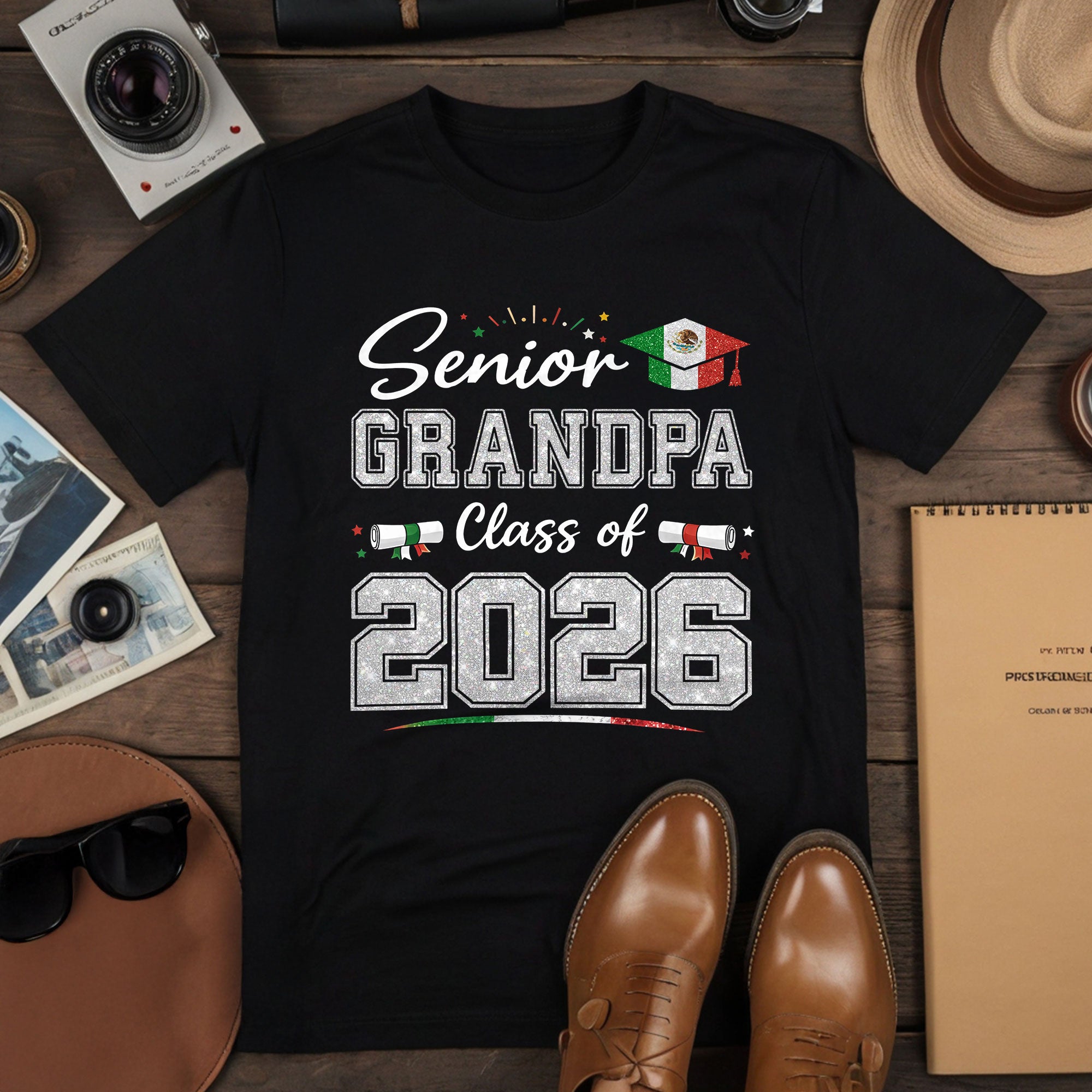 Senior Family 2026 Mexico Flag Shirt - Proud Mexican Graduate Silver Glitter Tee