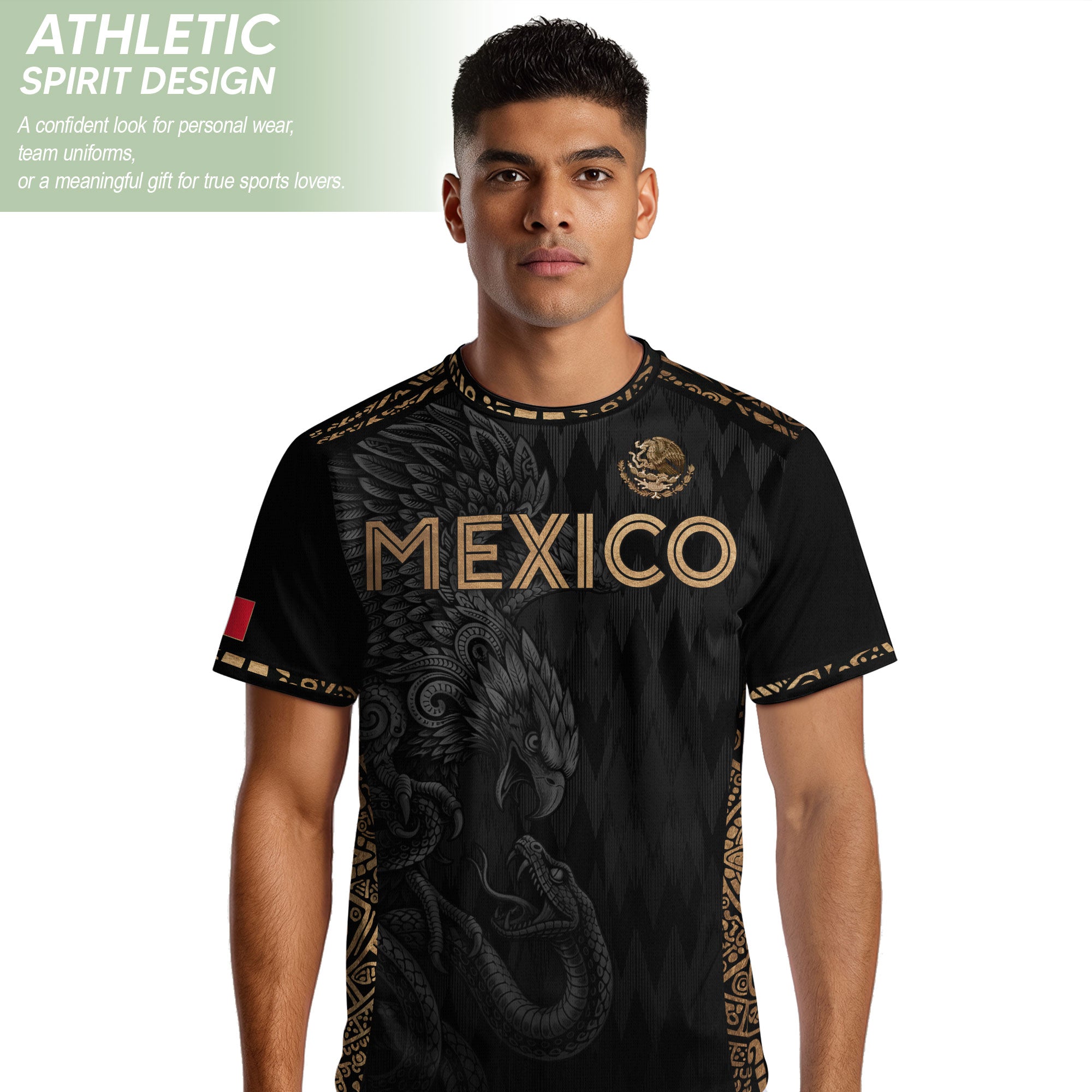 Camiseta de fútbol premium con emblema de águila azteca verde y dorado de México