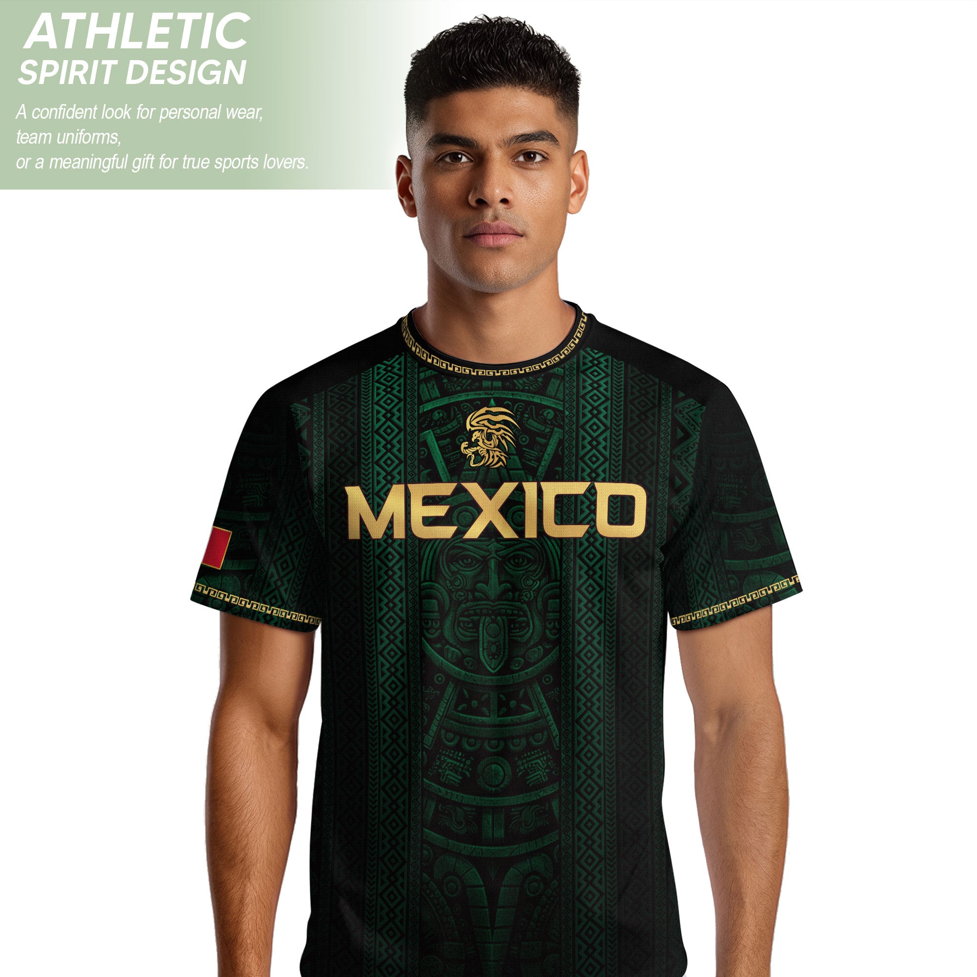 Camiseta de fútbol premium con emblema de águila azteca verde y dorado de México