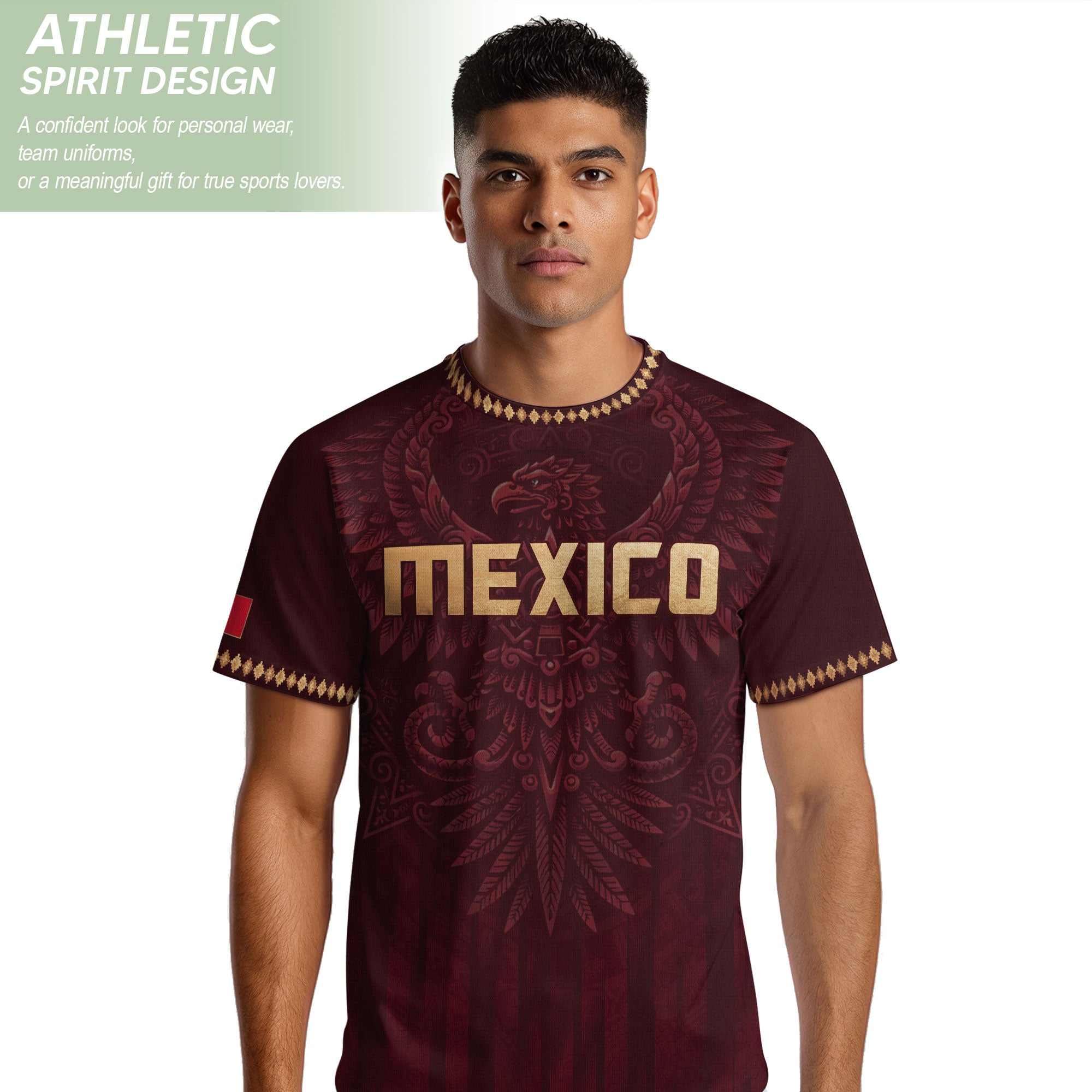 Camiseta de fútbol premium con emblema de águila azteca verde y dorado de México