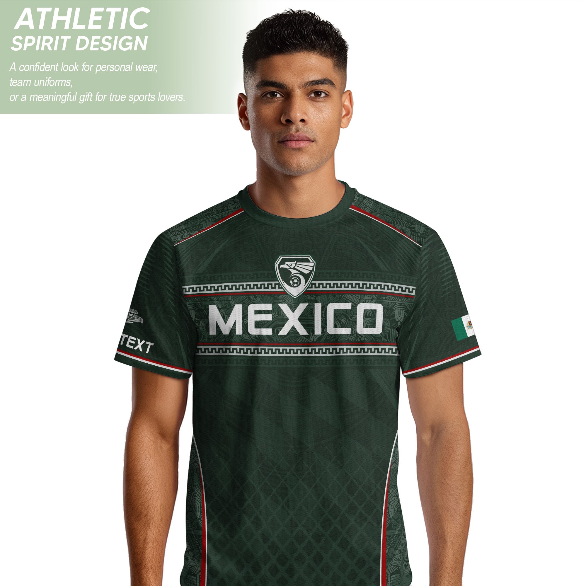 Camiseta de fútbol premium con emblema de águila azteca verde y dorado de México