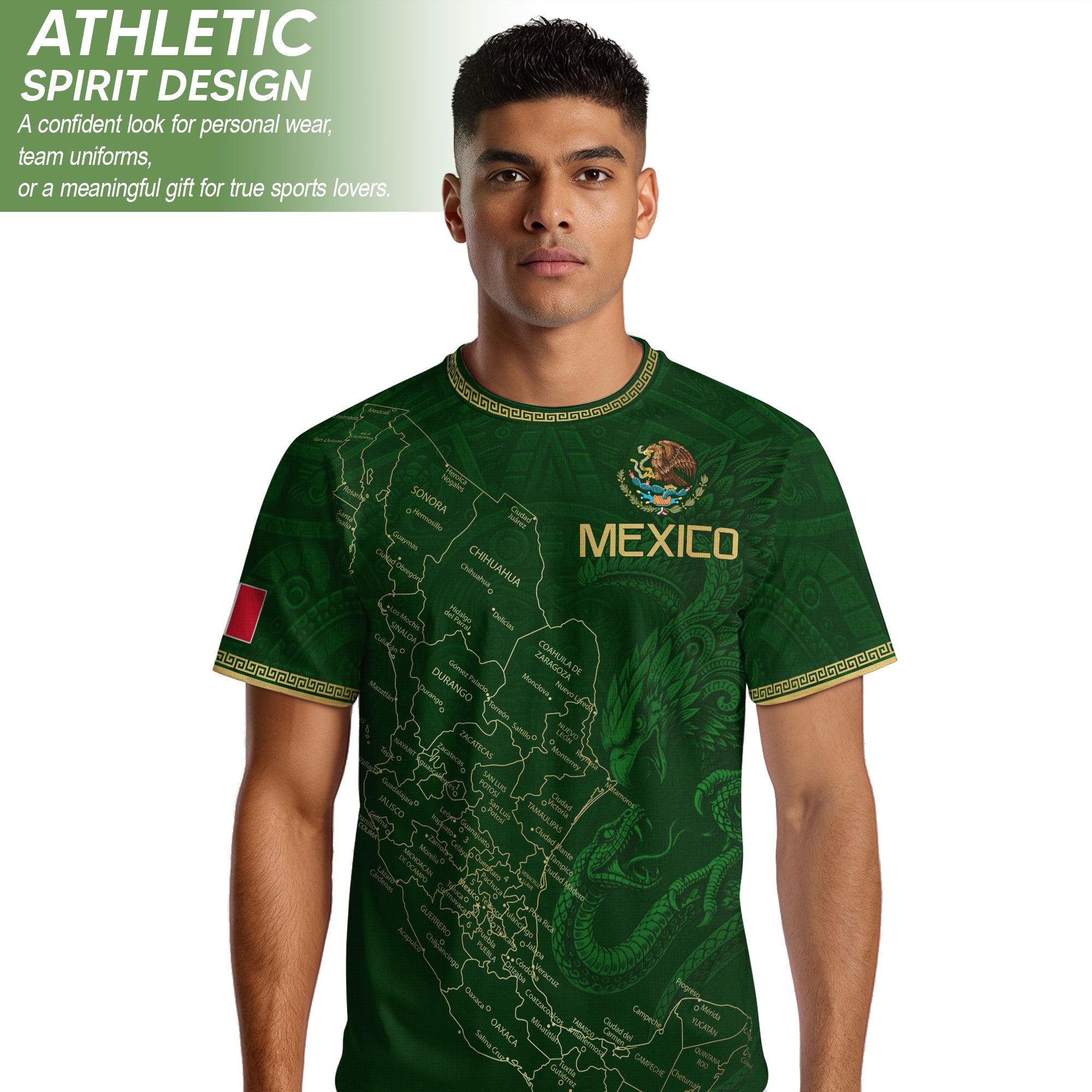 Camiseta de fútbol premium con emblema de águila azteca verde y dorado de México