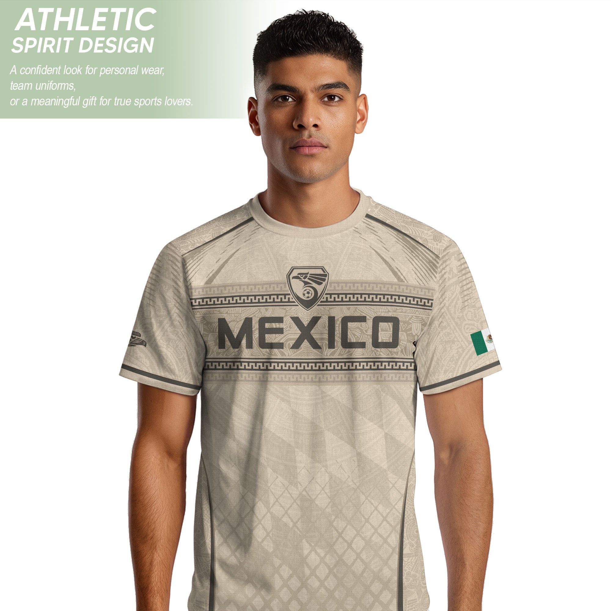 Camiseta de fútbol premium con emblema de águila azteca verde y dorado de México
