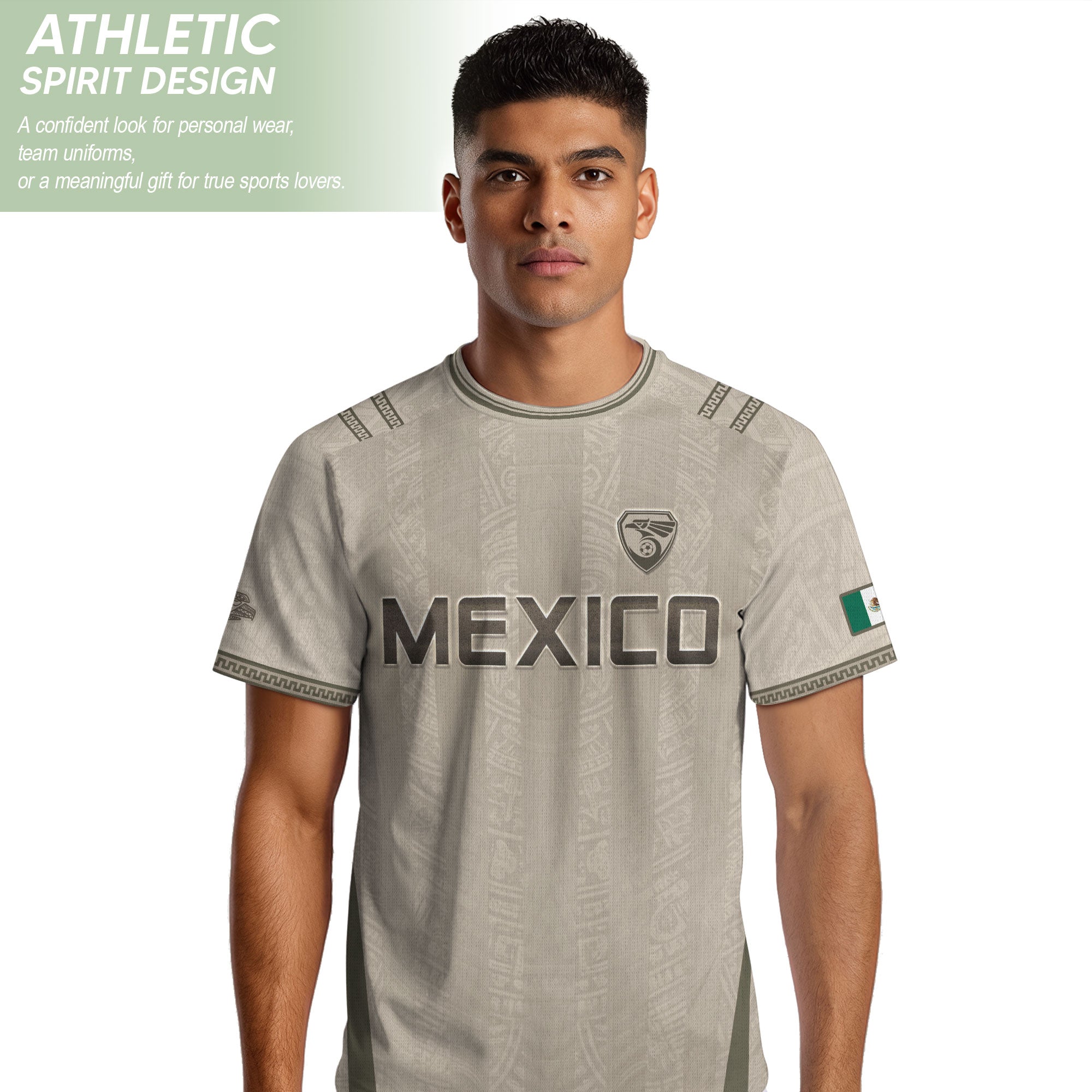 Camiseta de fútbol premium con emblema de águila azteca verde y dorado de México