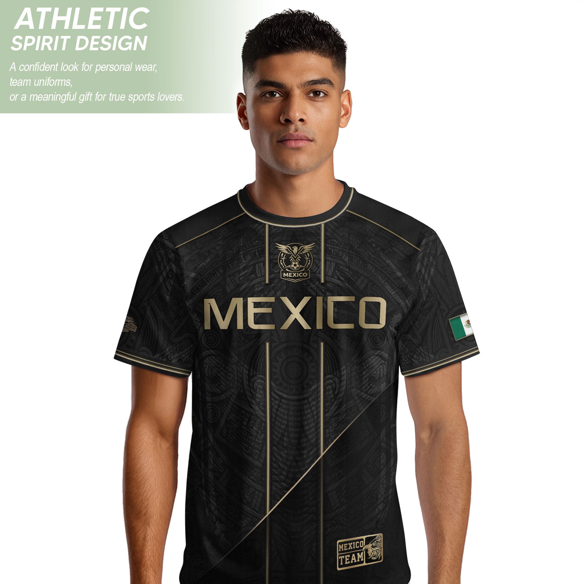 Camiseta de fútbol premium con emblema de águila azteca verde y dorado de México
