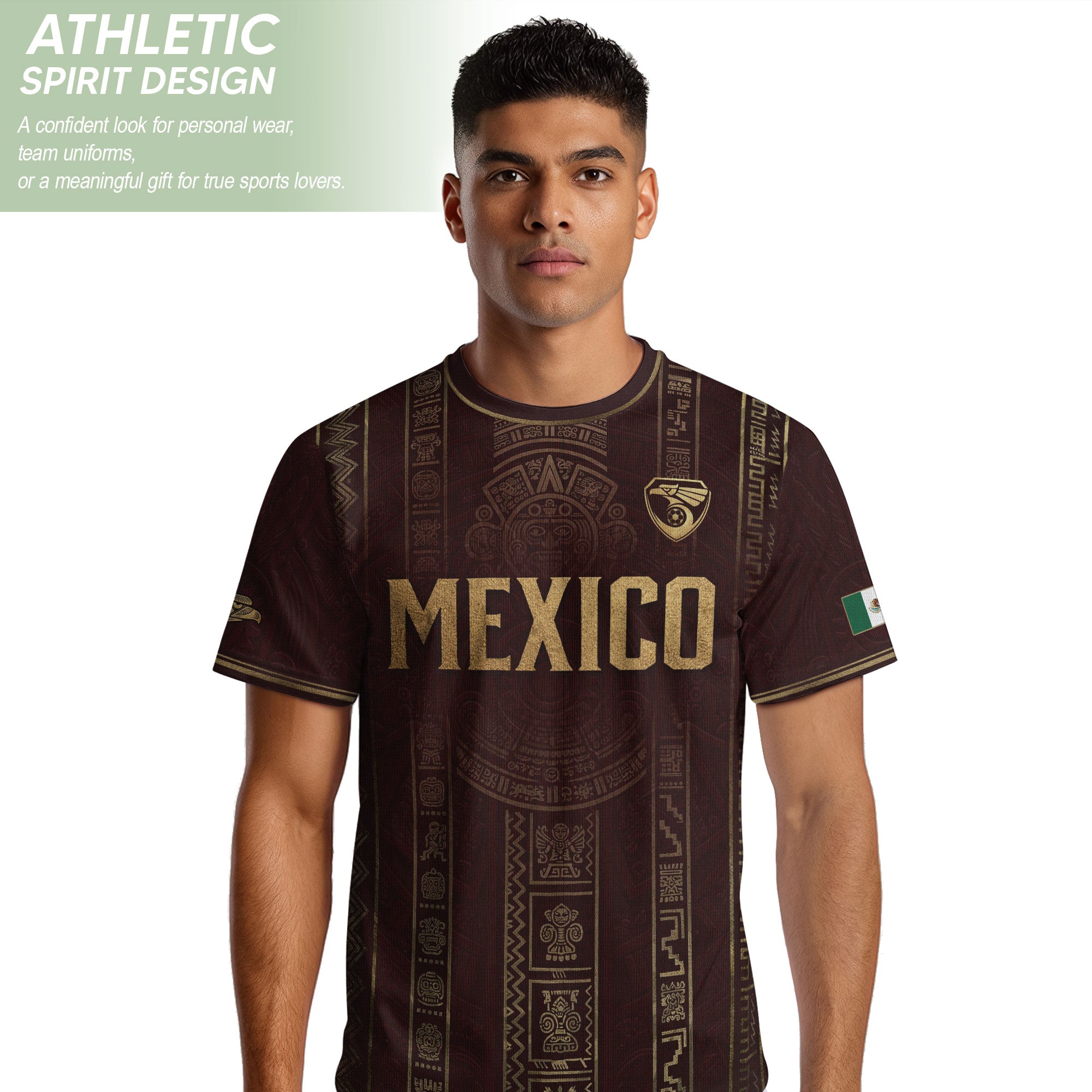 Camiseta de fútbol premium con emblema de águila azteca verde y dorado de México