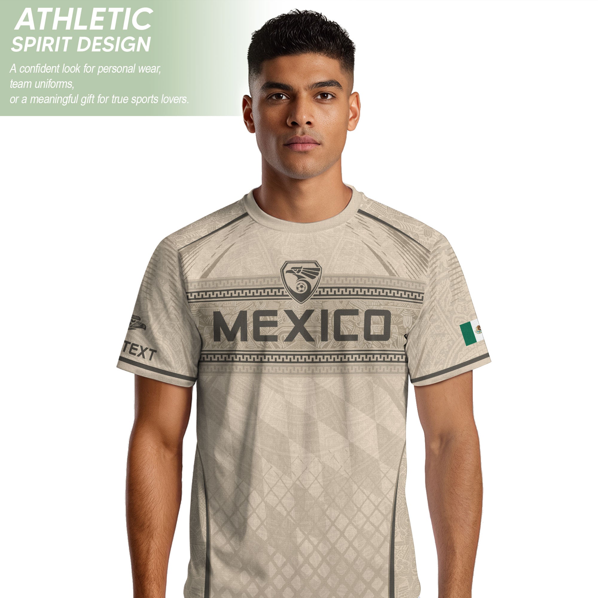 Camiseta de fútbol premium con emblema de águila azteca verde y dorado de México