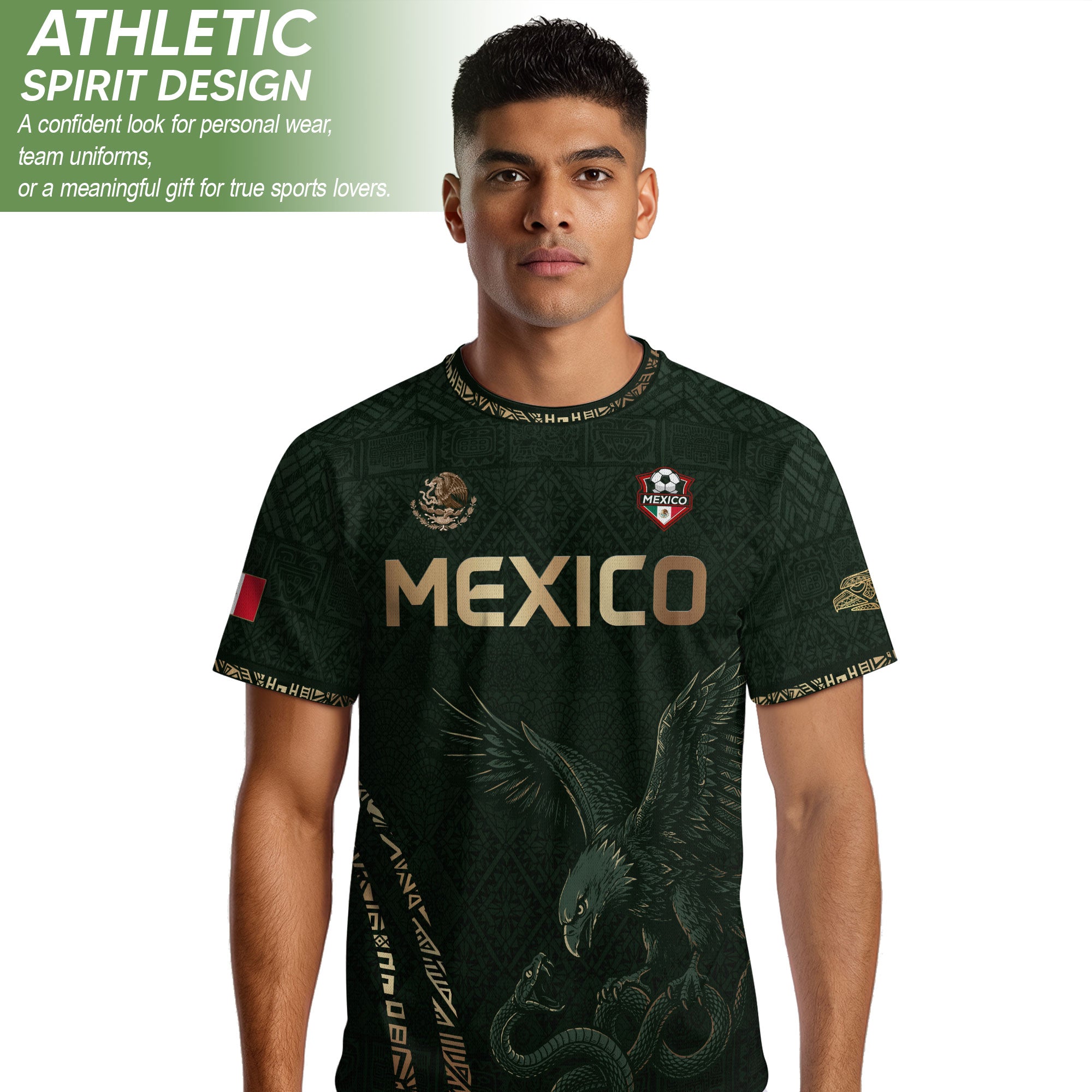 Camiseta de fútbol premium con emblema de águila azteca verde y dorado de México