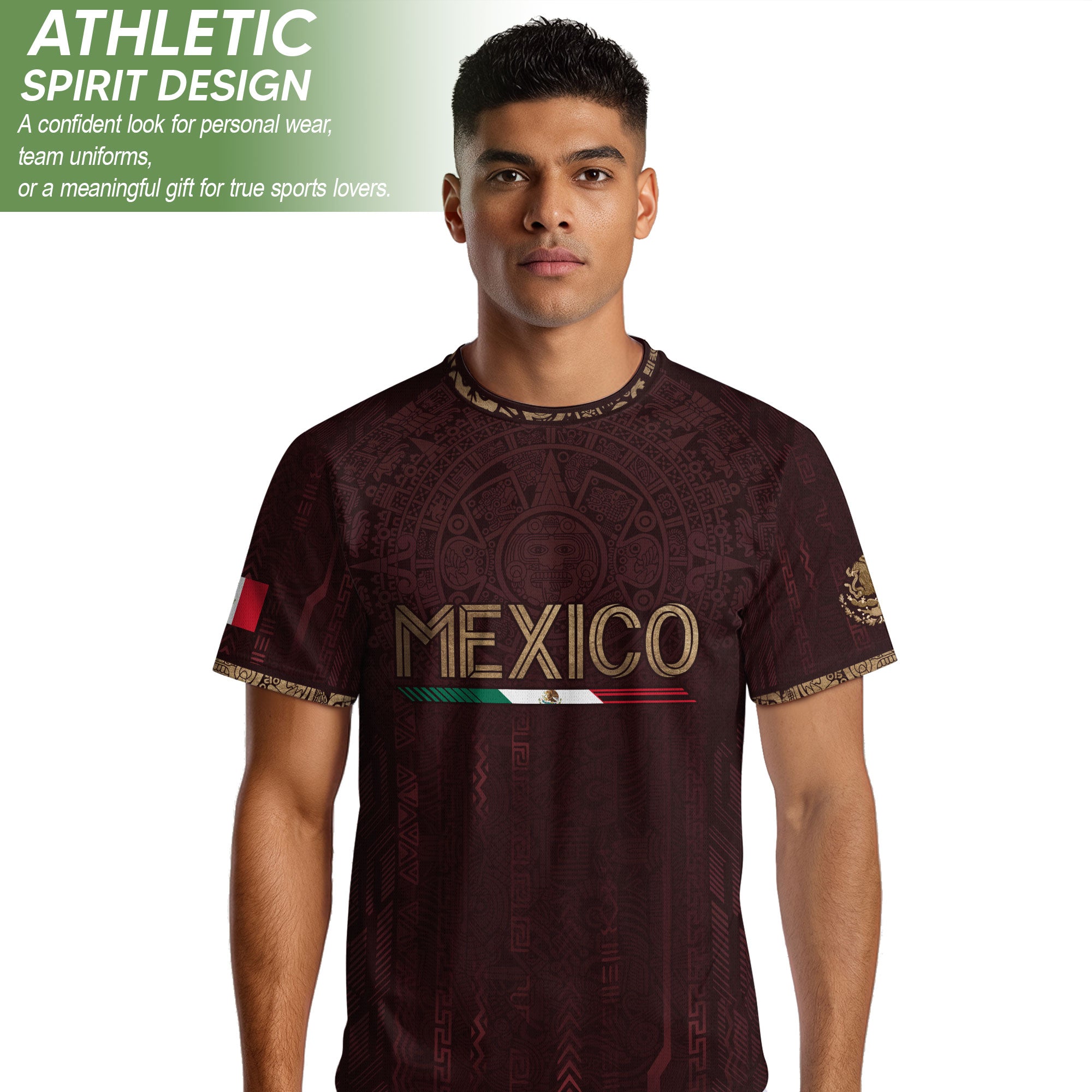 Camiseta de fútbol premium con emblema de águila azteca verde y dorado de México