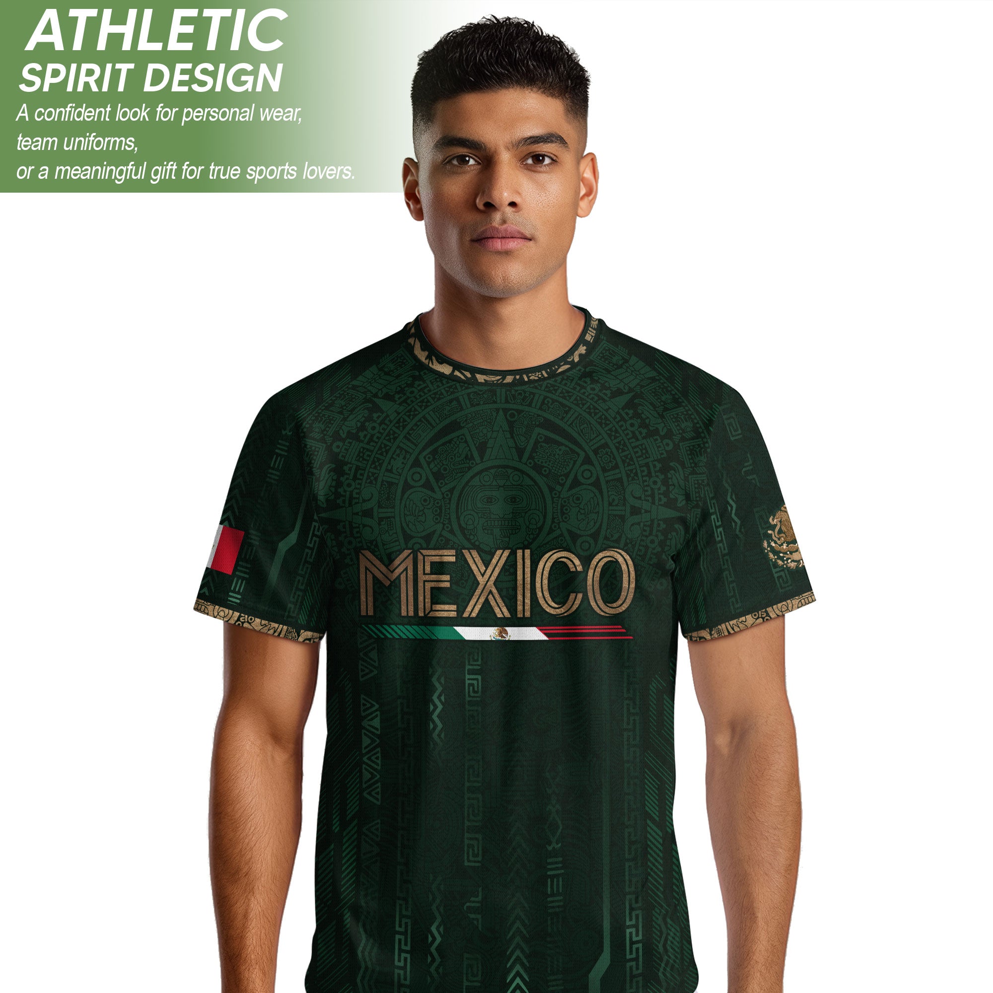 Camiseta de fútbol premium con emblema de águila azteca verde y dorado de México