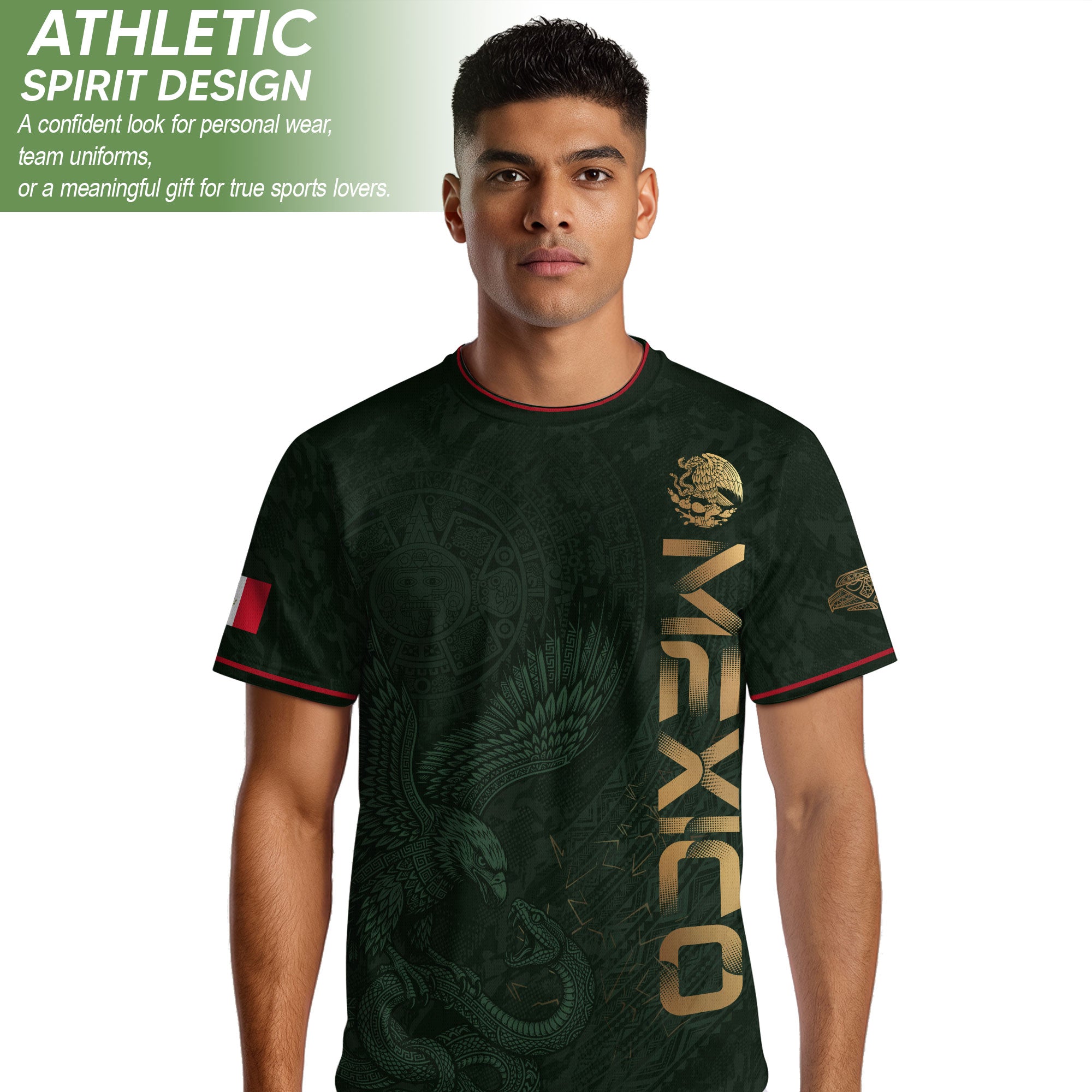 Camiseta de fútbol premium con emblema de águila azteca verde y dorado de México