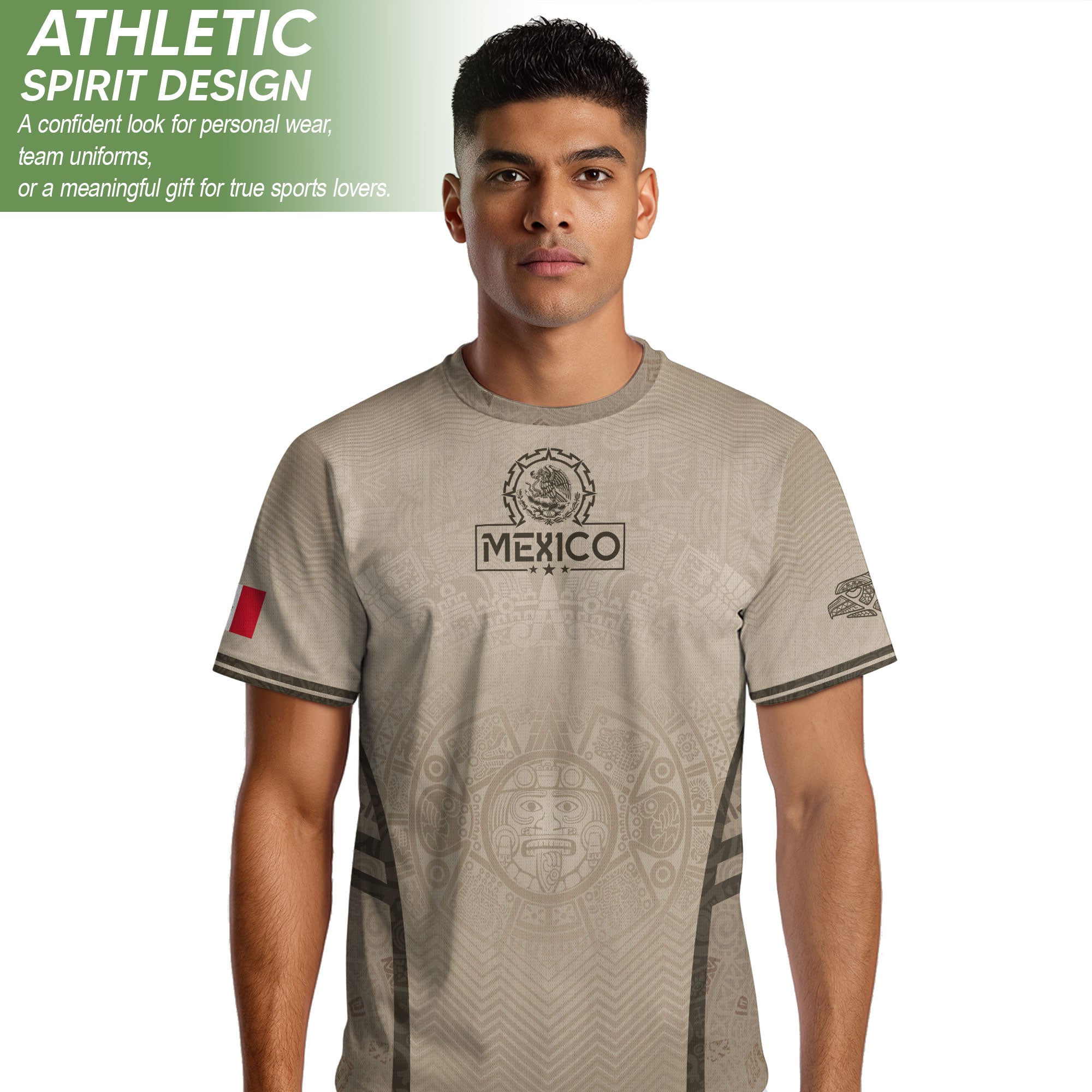 Camiseta de fútbol premium con emblema de águila azteca verde y dorado de México