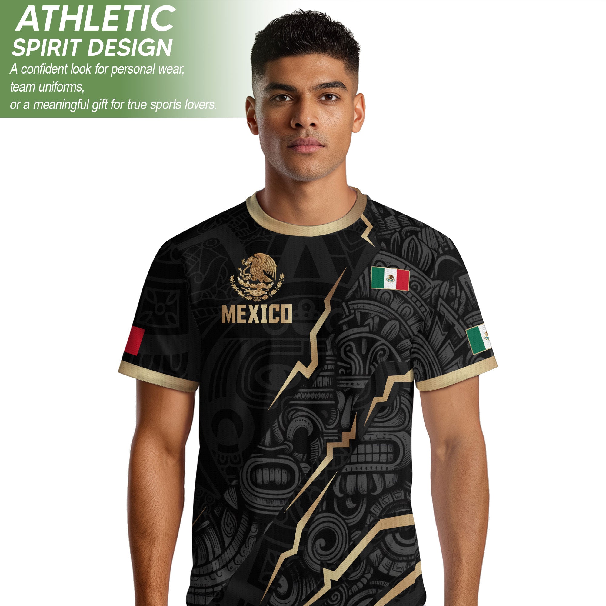 Camiseta de fútbol de la herencia del guerrero azteca del águila dorada negra de México