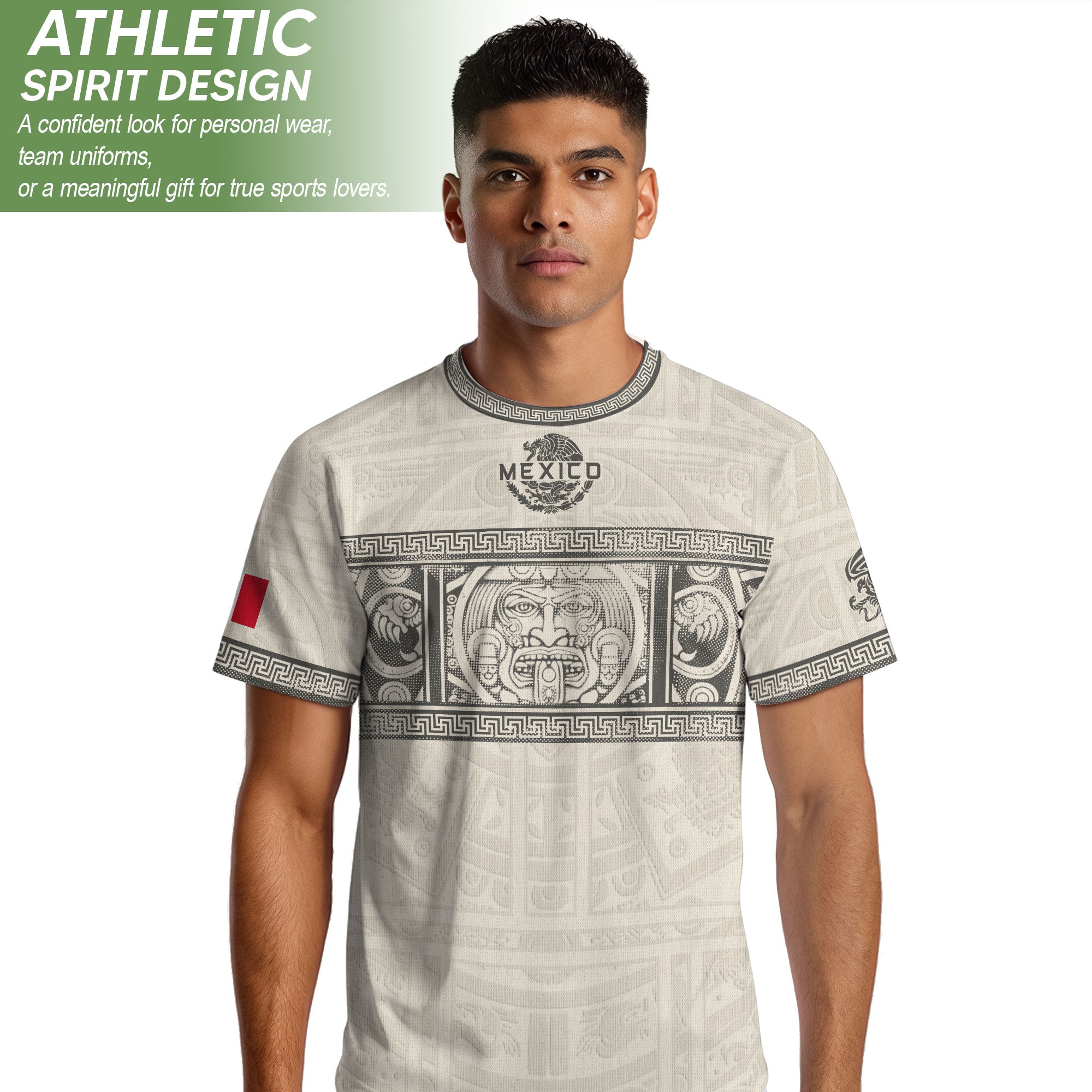 Camiseta de fútbol premium con emblema de águila azteca verde y dorado de México
