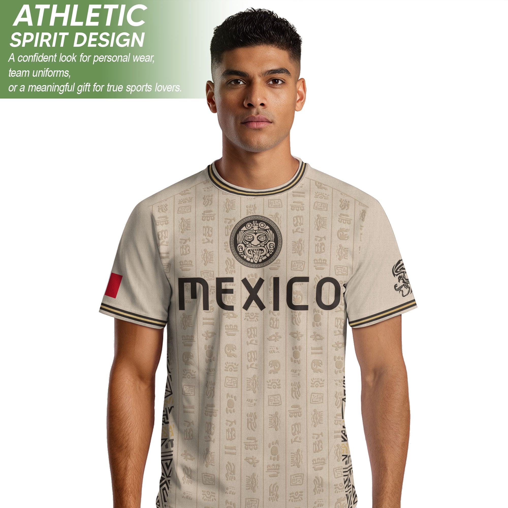 Camiseta de fútbol premium con emblema de águila azteca verde y dorado de México