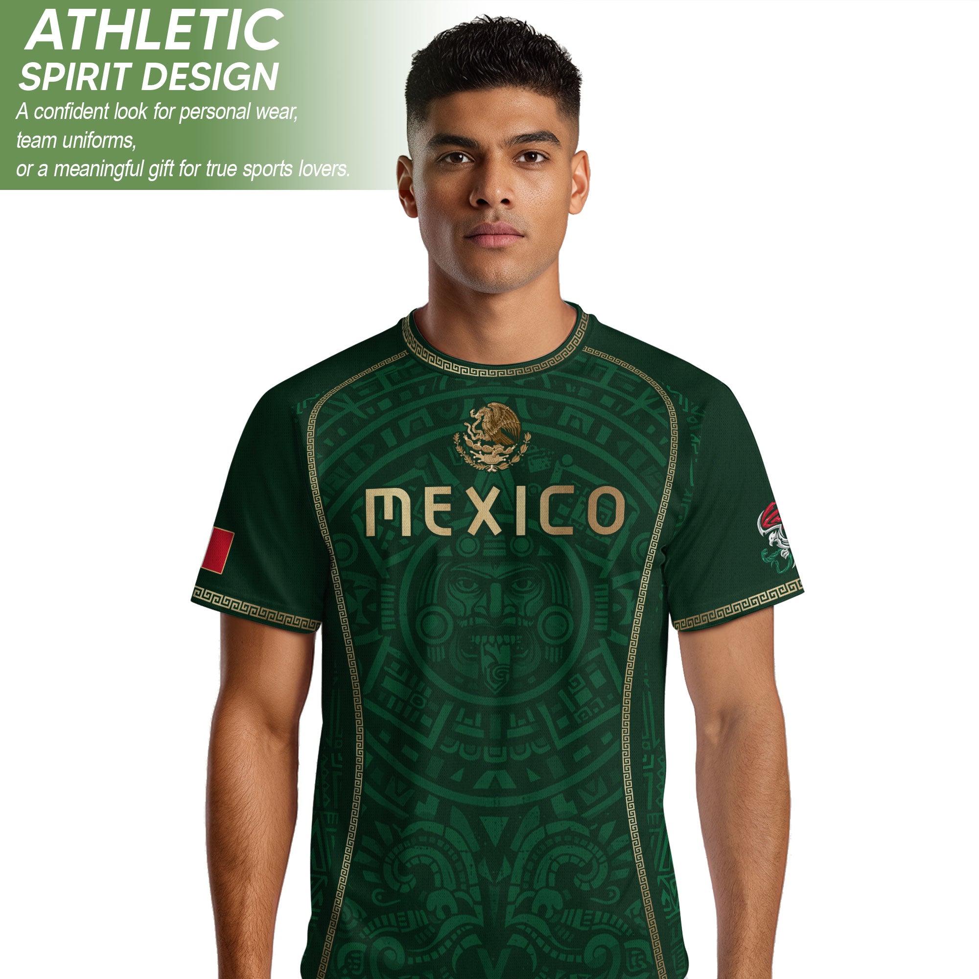 Camiseta de fútbol premium con emblema de águila azteca verde y dorado de México