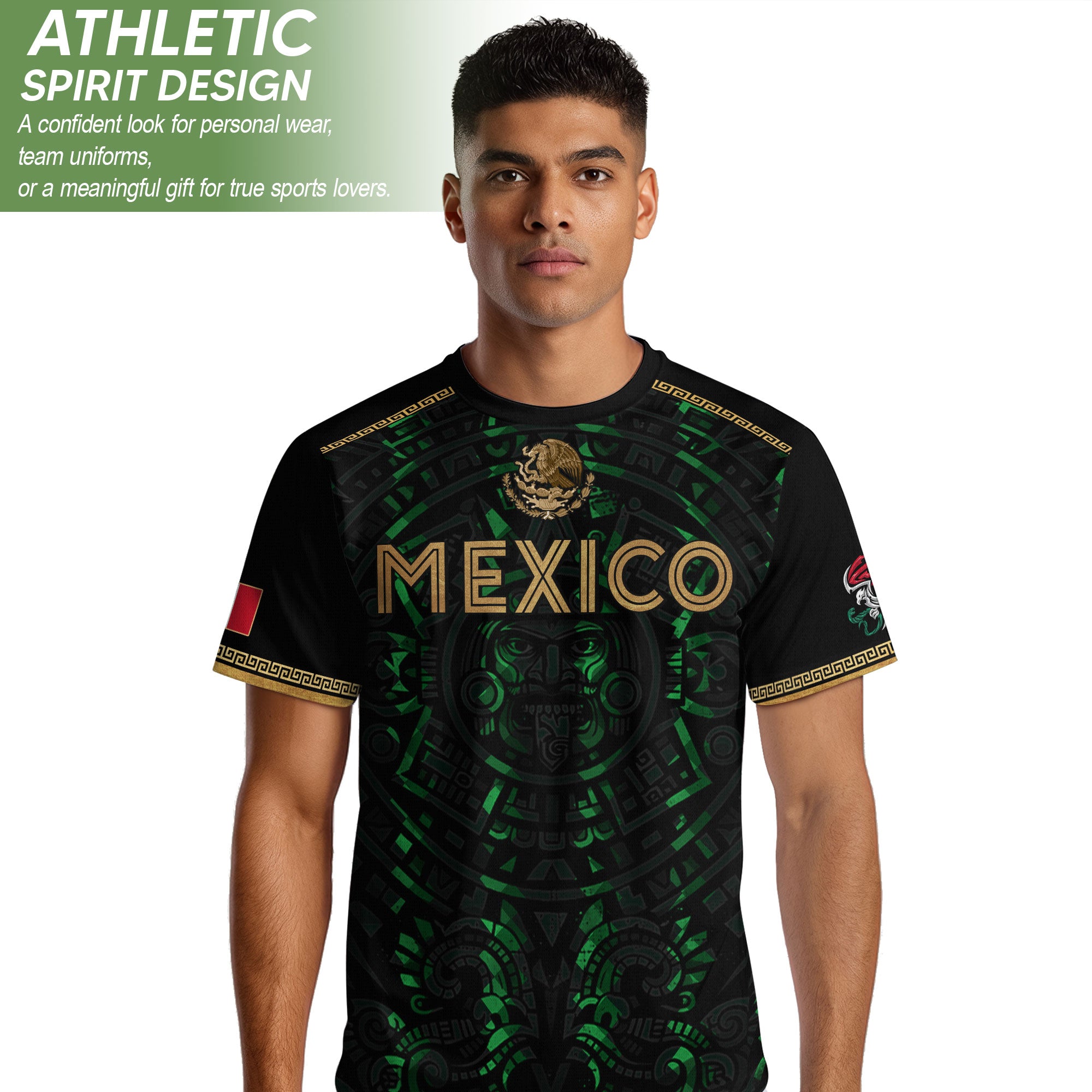 Camiseta de fútbol premium con emblema de águila azteca verde y dorado de México