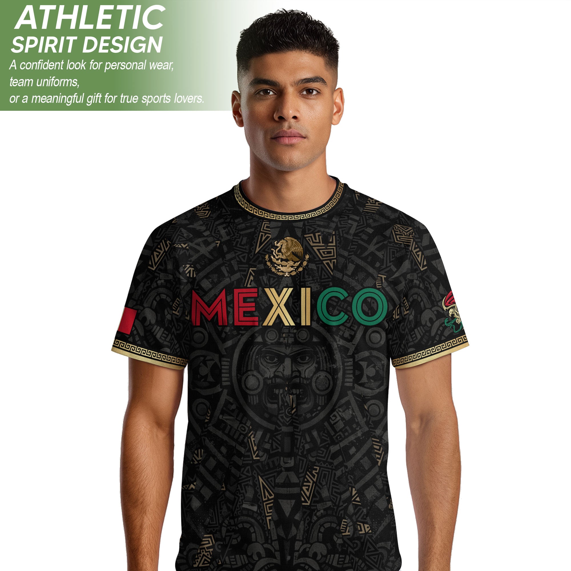 Camiseta de fútbol premium con emblema de águila azteca verde y dorado de México