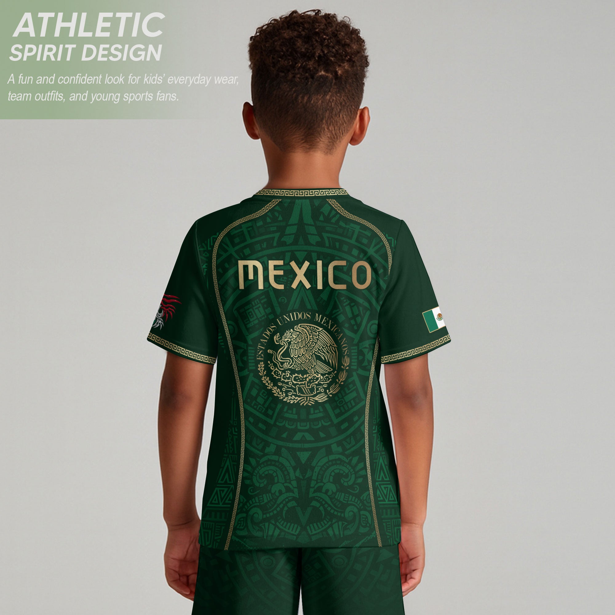 Camiseta de fútbol juvenil con estampado vertical del Águila Dorada Negra de México
