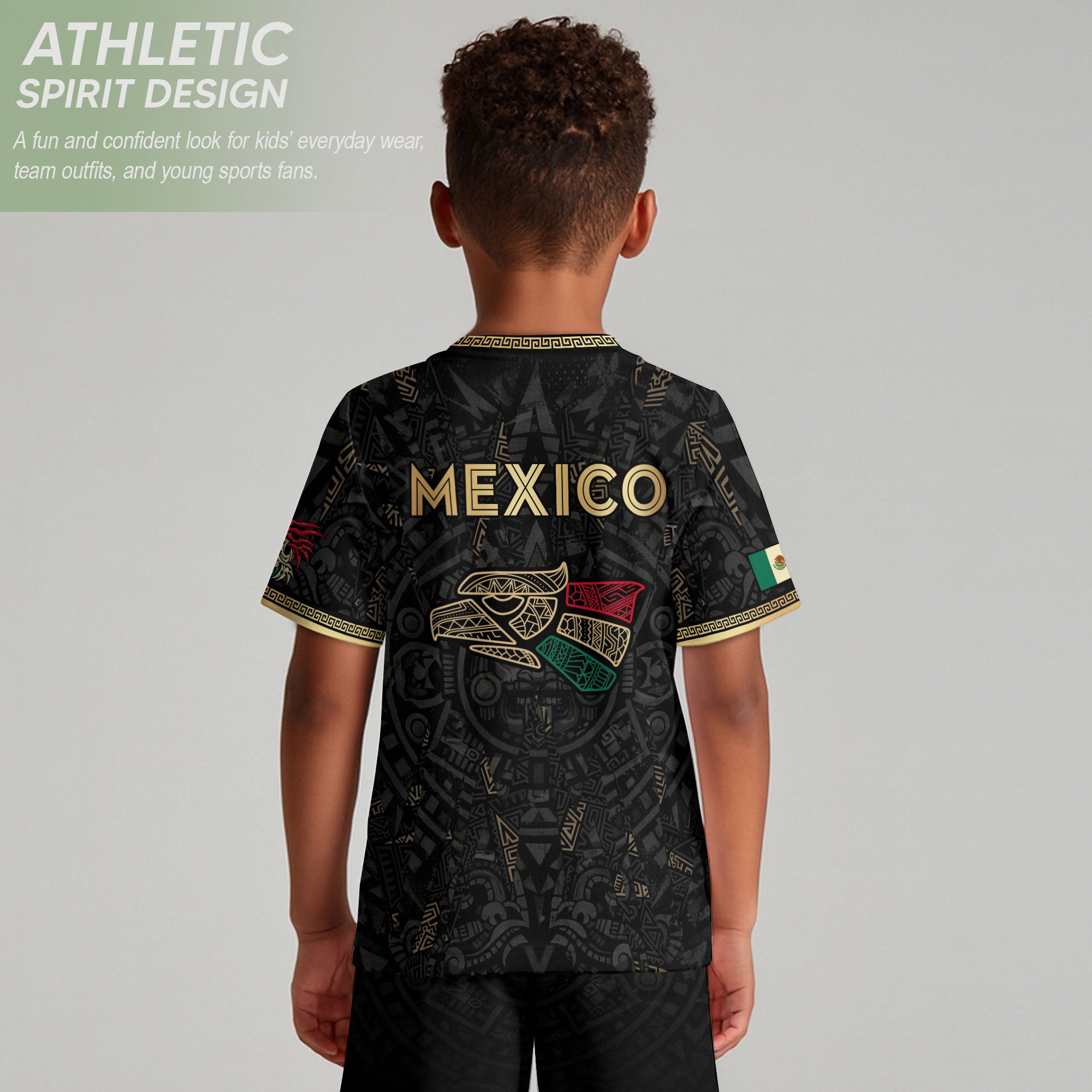 Mexico Kids Soccer Jersey Black Aztec Calendar Tricolor Gold Youth Football Shirt