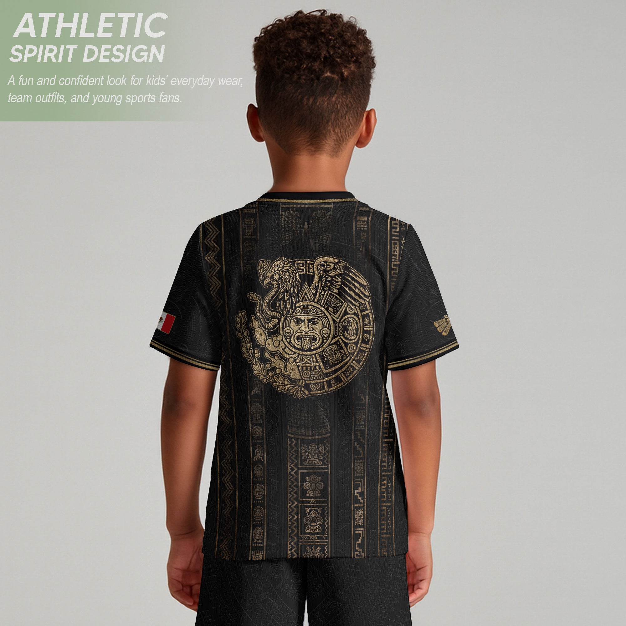 Mexico Soccer Jersey Youth Black Aztec Calendar Sun Stone Heritage Football Shirt Set