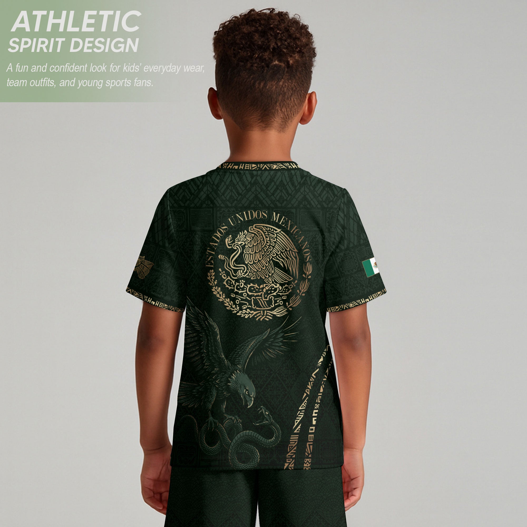 Mexico Soccer Jersey Kid Youth Aztec Eagle Dark Green Football Shirt Gift