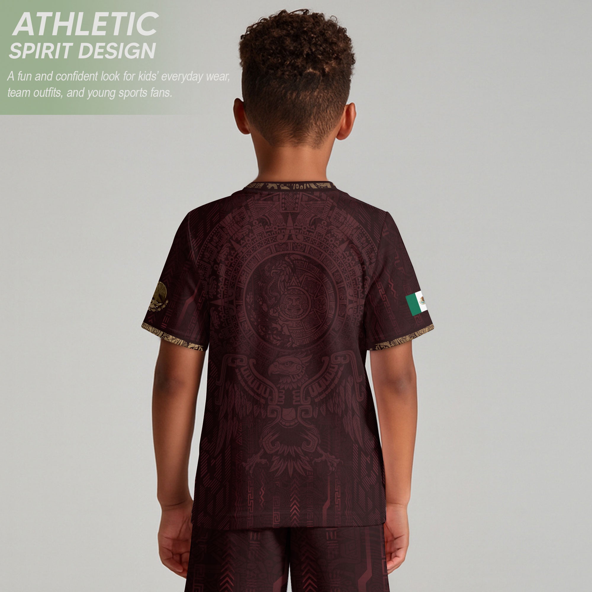 Mexico Soccer Jersey Kid Youth Aztec Calendar Maroon Football Shirt