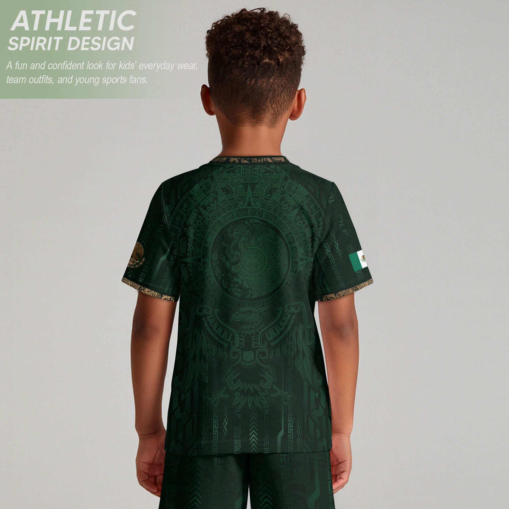 Mexico Soccer Jersey Kid Youth Aztec Calendar Green Football Shirt Tee Gift