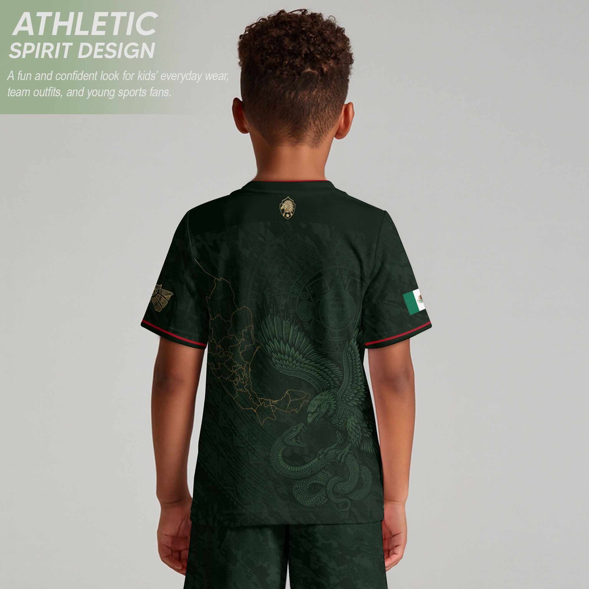 Mexico Kids Soccer Jersey Youth Green Gold Aztec Eagle Heritage Football Graphic Shirt