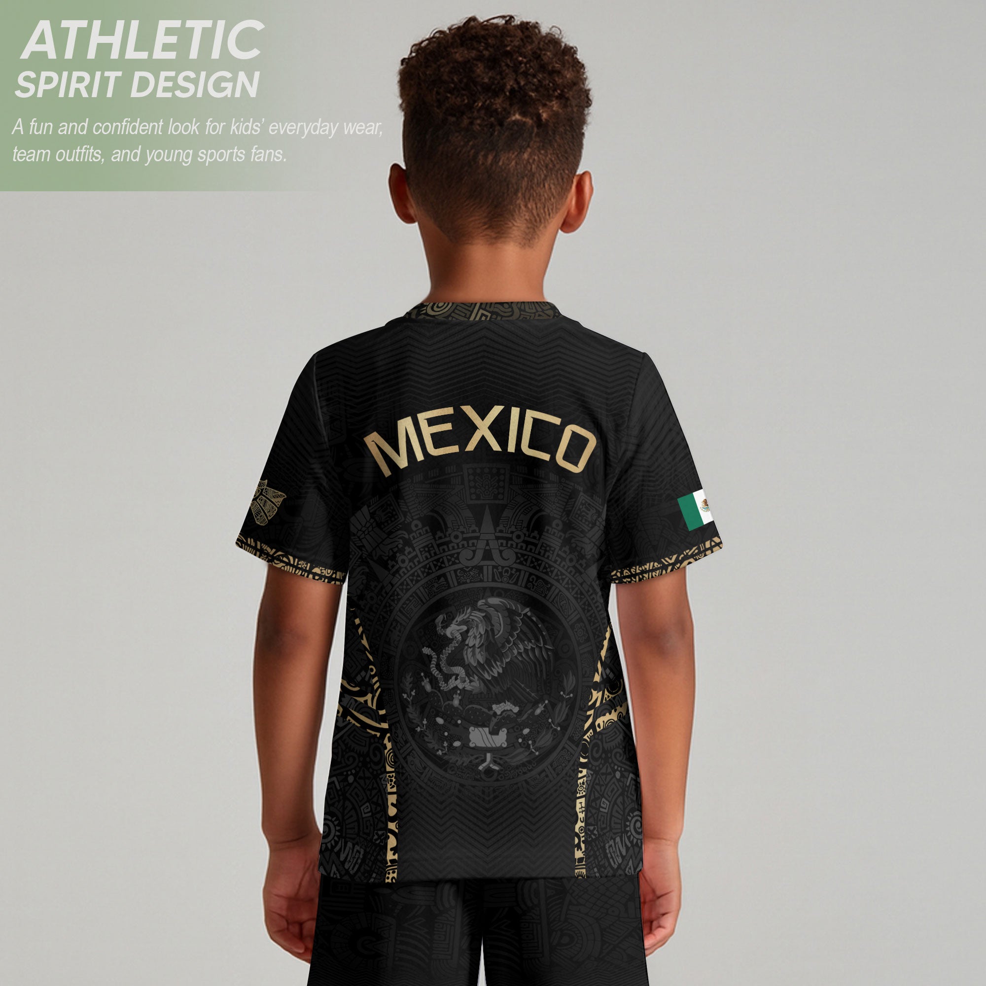 Mexico Kids Soccer Jersey Youth Black Gold Aztec Calendar Eagle Heritage Football Shirt