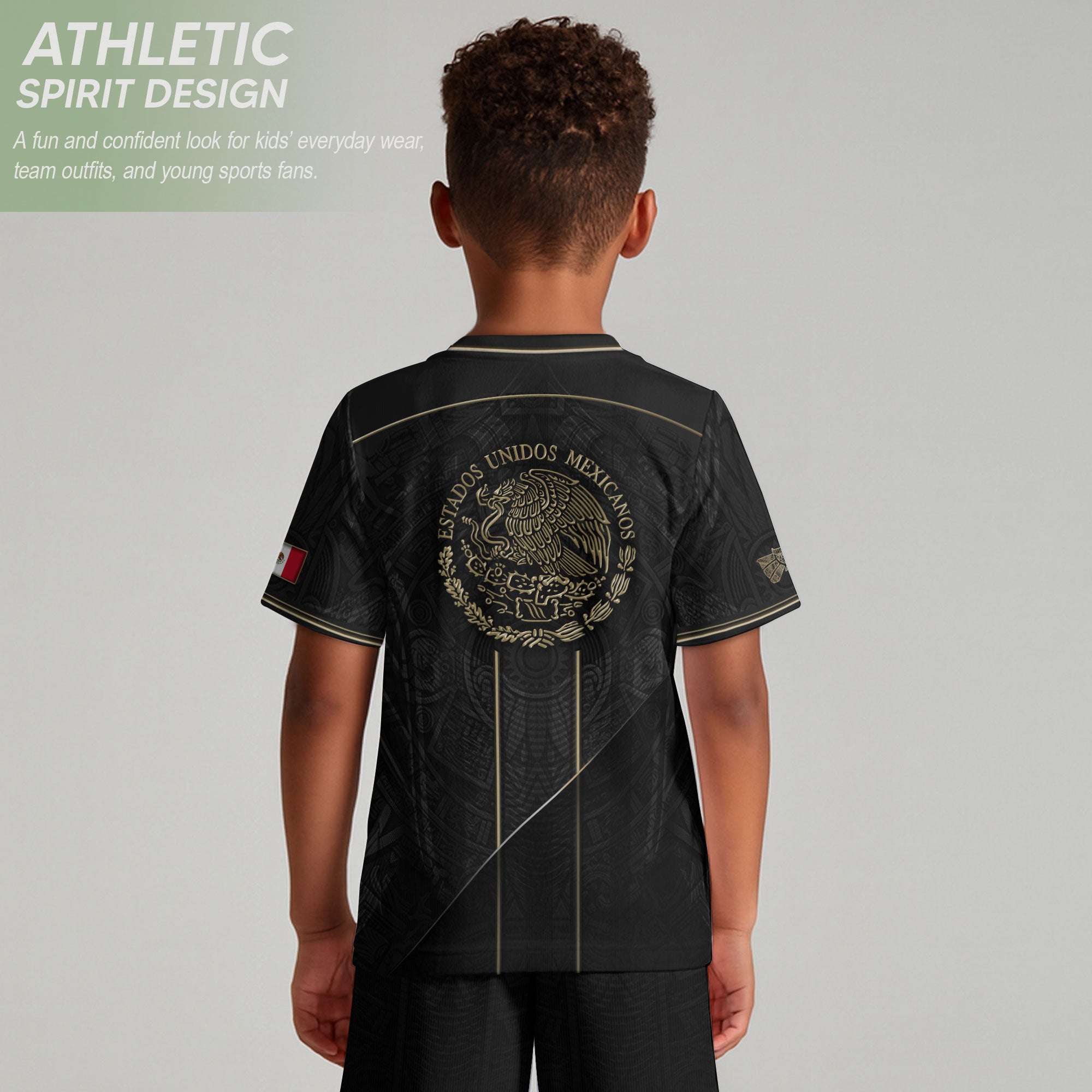 Camiseta de fútbol juvenil con estampado vertical del Águila Dorada Negra de México