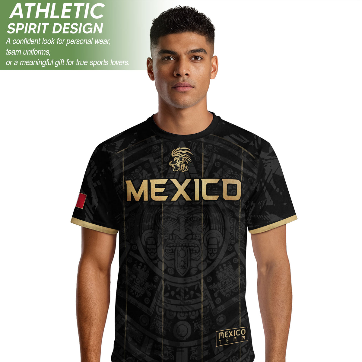 Men's Black Mexico Aztec Calendar Graphic T-Shirt – Gold Mexico Eagle Heritage Print Tee