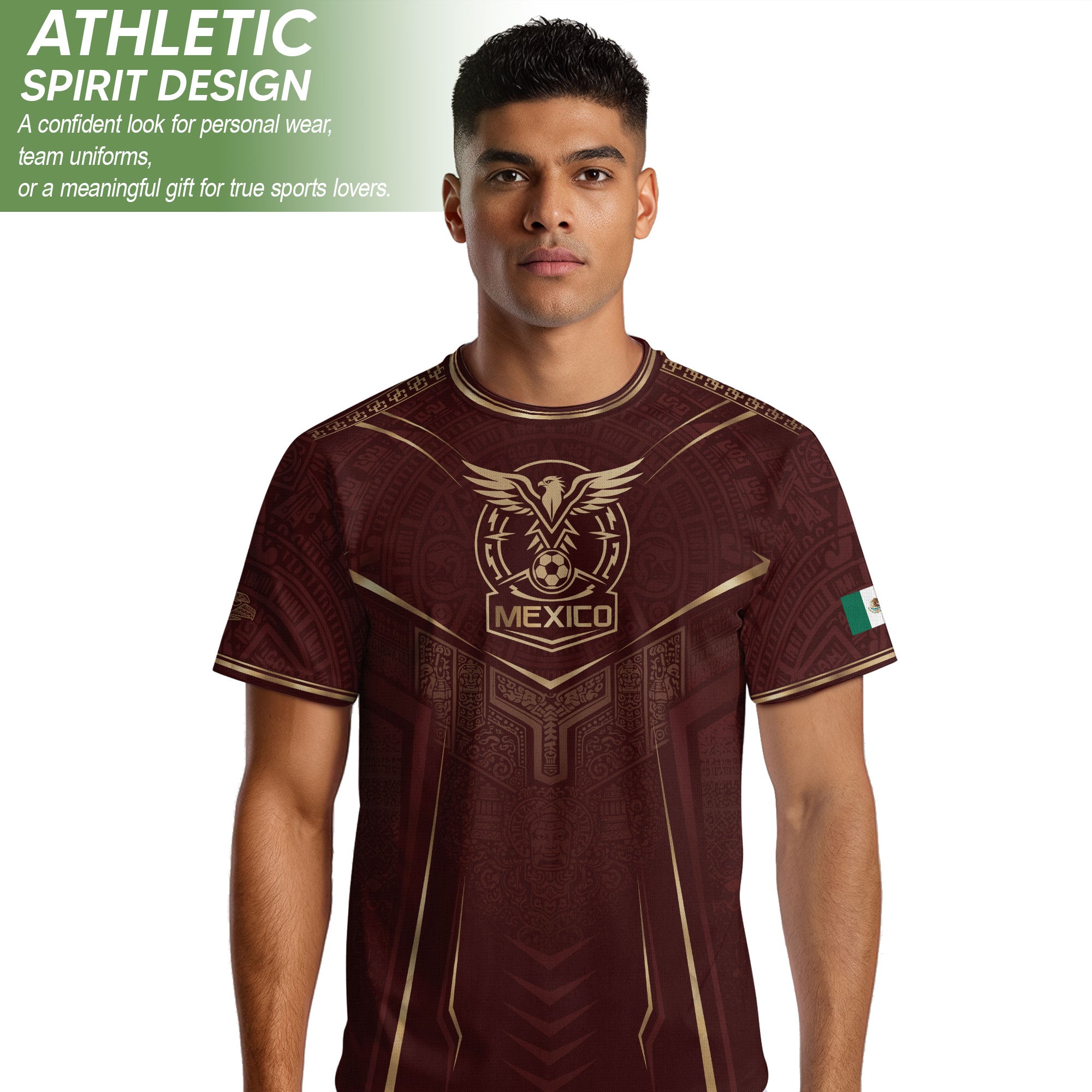 Camiseta de fútbol premium con emblema de águila azteca verde y dorado de México