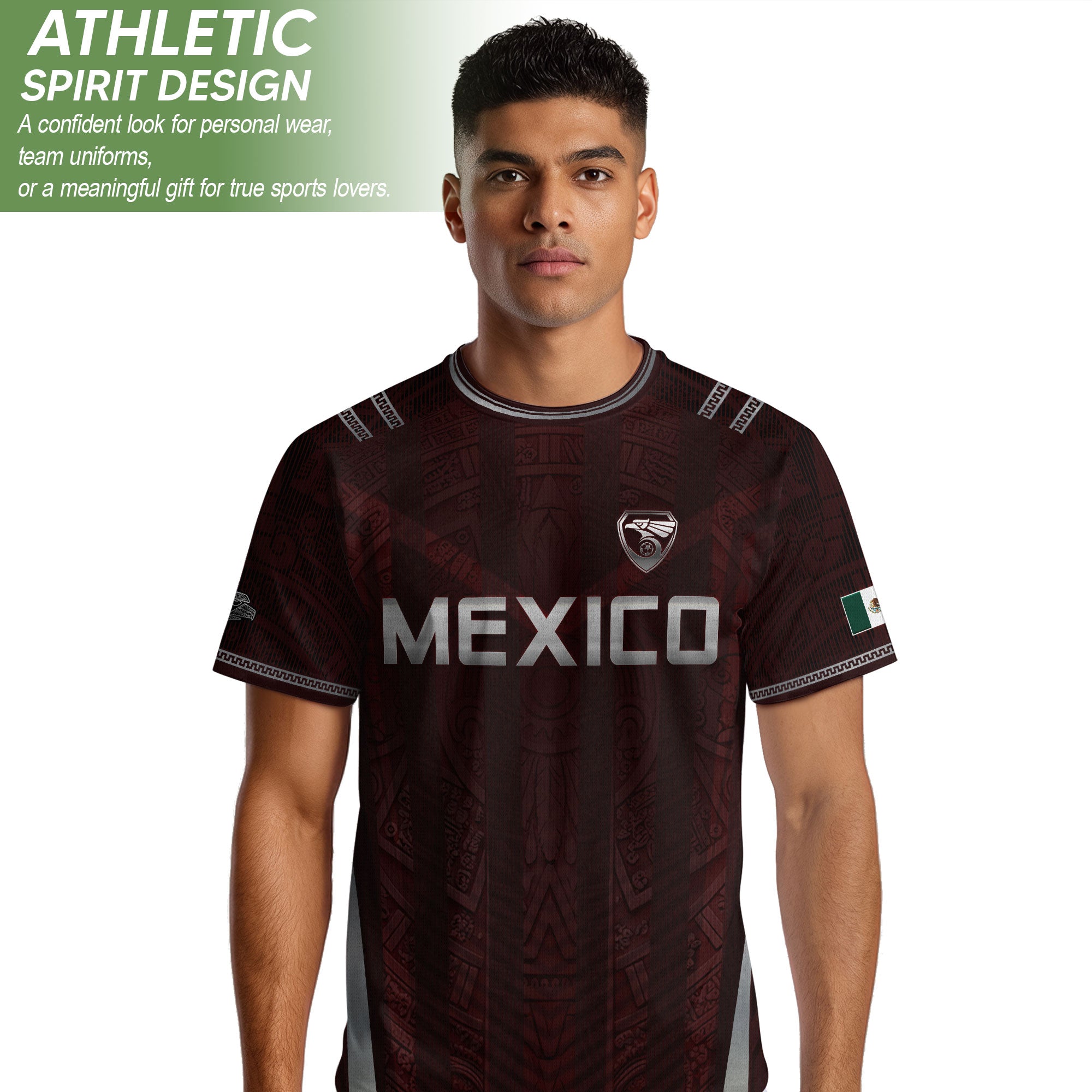 Camiseta de fútbol premium con emblema de águila azteca verde y dorado de México