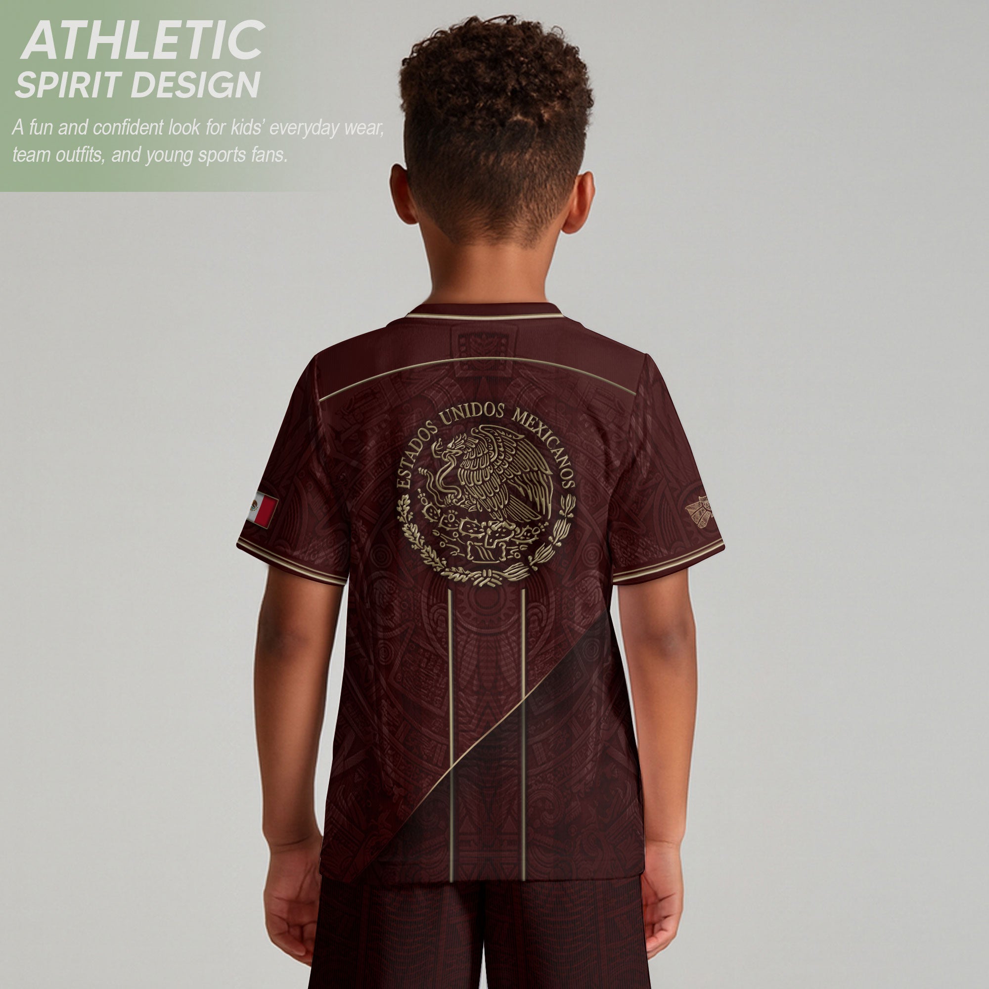 Camiseta de fútbol juvenil con estampado vertical del Águila Dorada Negra de México