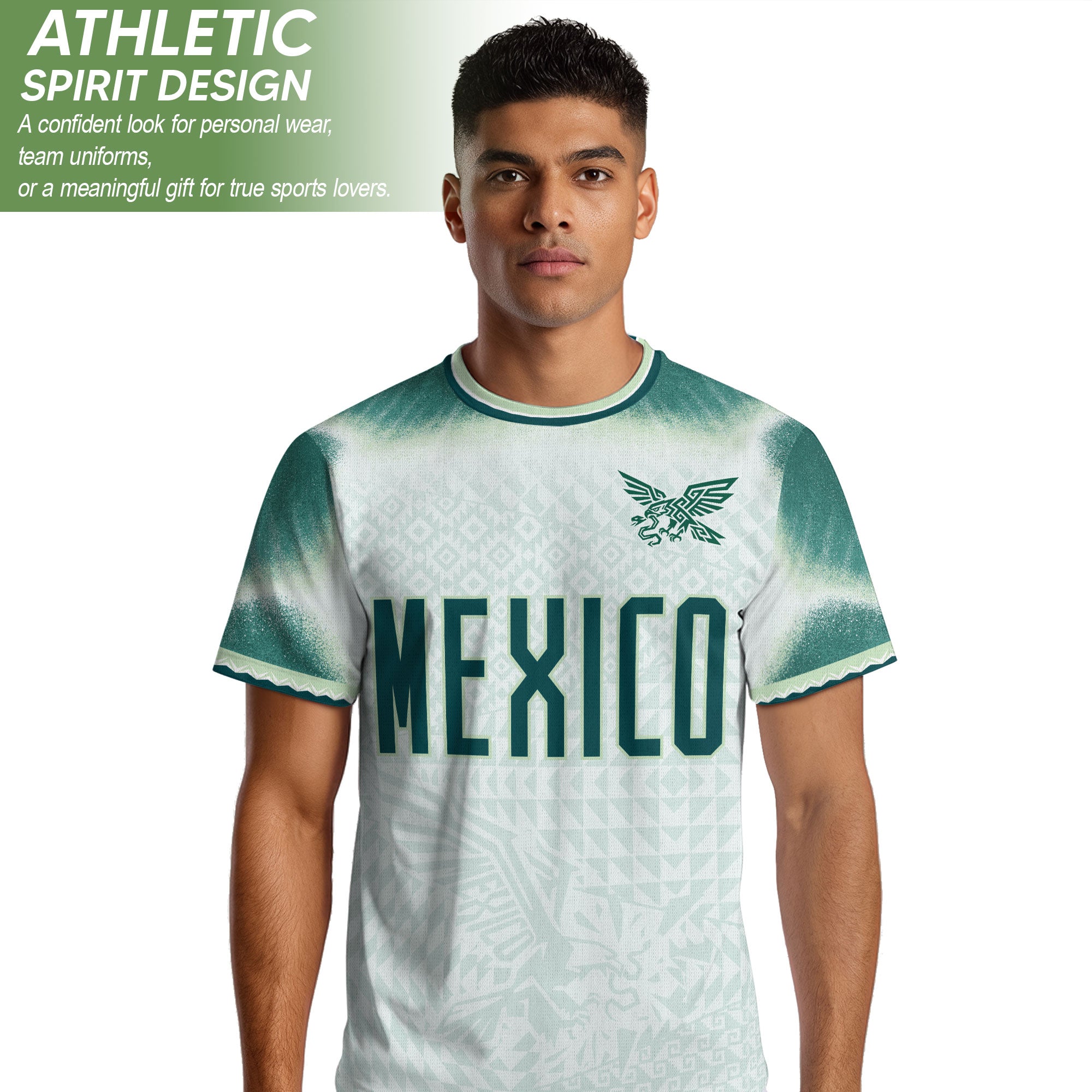 Camiseta de fútbol premium con emblema de águila azteca verde y dorado de México